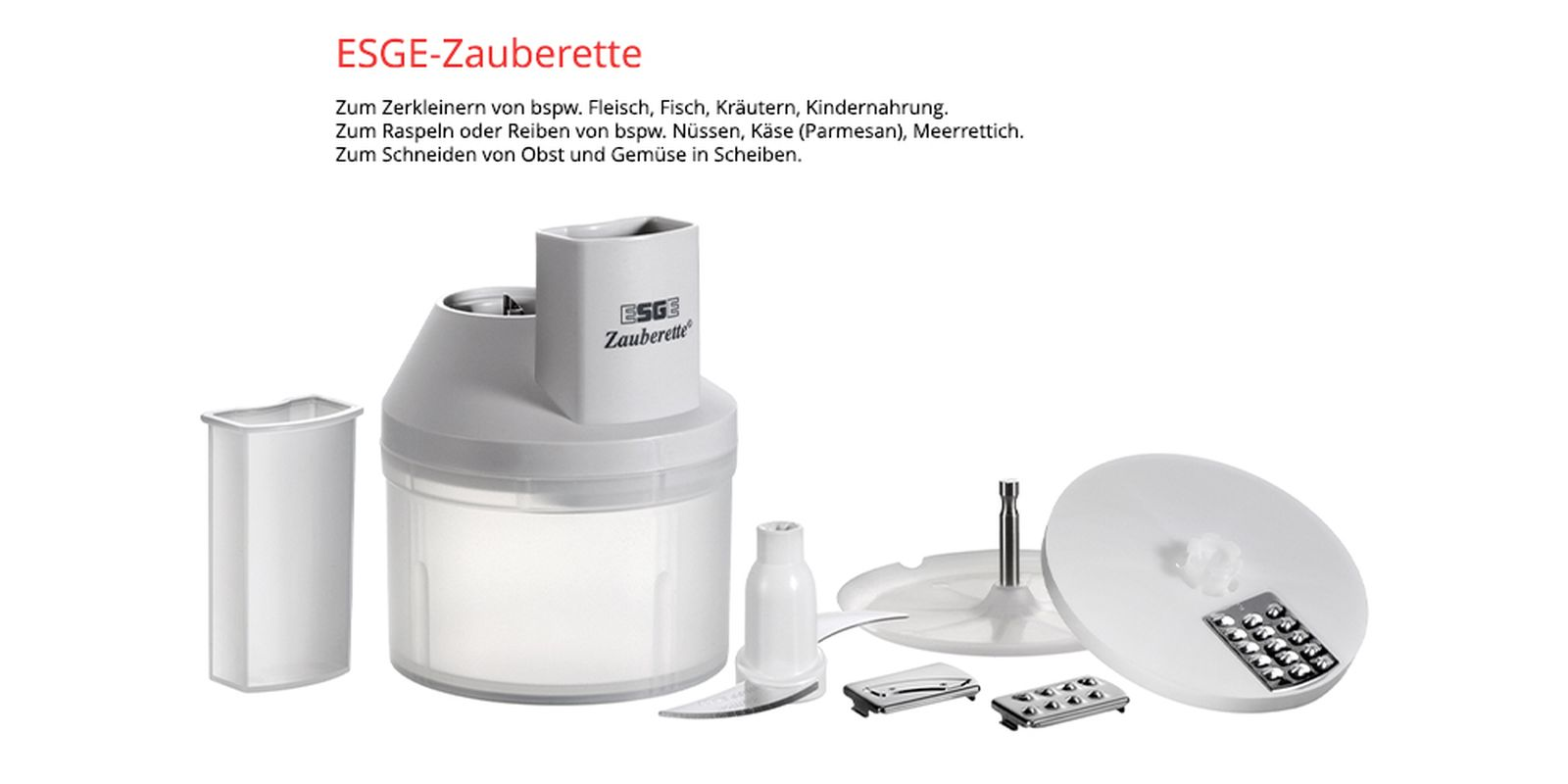 Robot kuchenny ESGE-Zauberette z akcesoriami, w tym miskami, ostrzami i tarkami na białym tle.