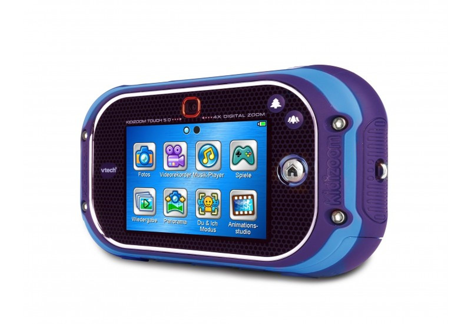 Ein blauer VTech Kidizoom Touch 5.0 Kinderfotoapparat mit Touchscreen und Menüsymbolen auf weißem Hintergrund.