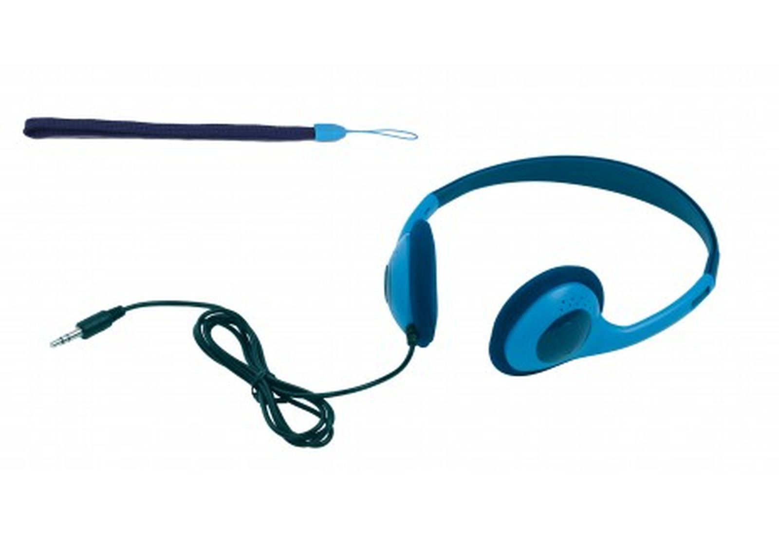 Blaue Kopfhörer mit Kabel und Stecker sowie eine blaue Trageschlaufe vor weißem Hintergrund.