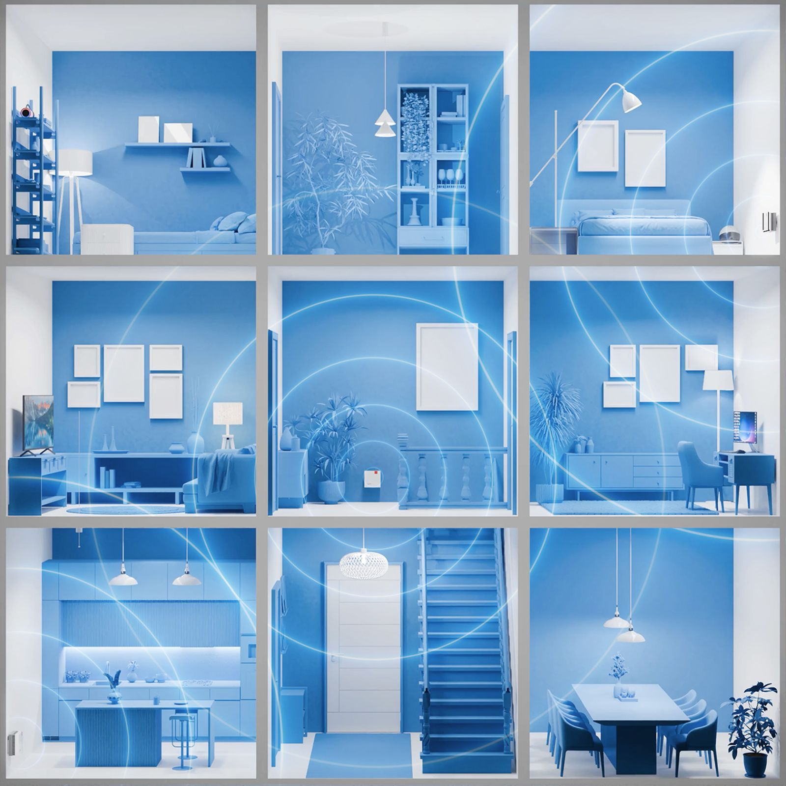 Ein blaues Interieur aus neun gerasterten Räumen mit WiFi-Wellen.