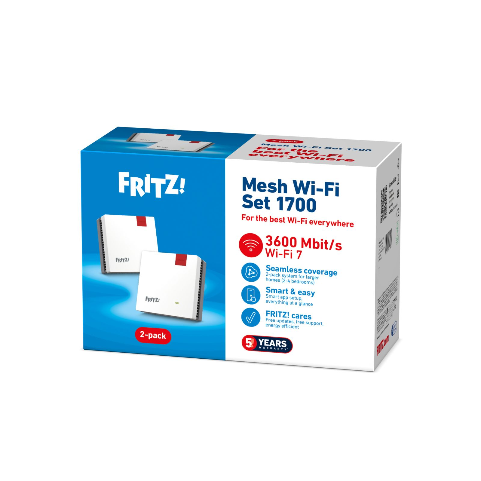 Verpackung des Fritz! Mesh Wi-Fi Set 1700 mit zwei weißen Routern und blauen Akzenten auf weißem Hintergrund.
