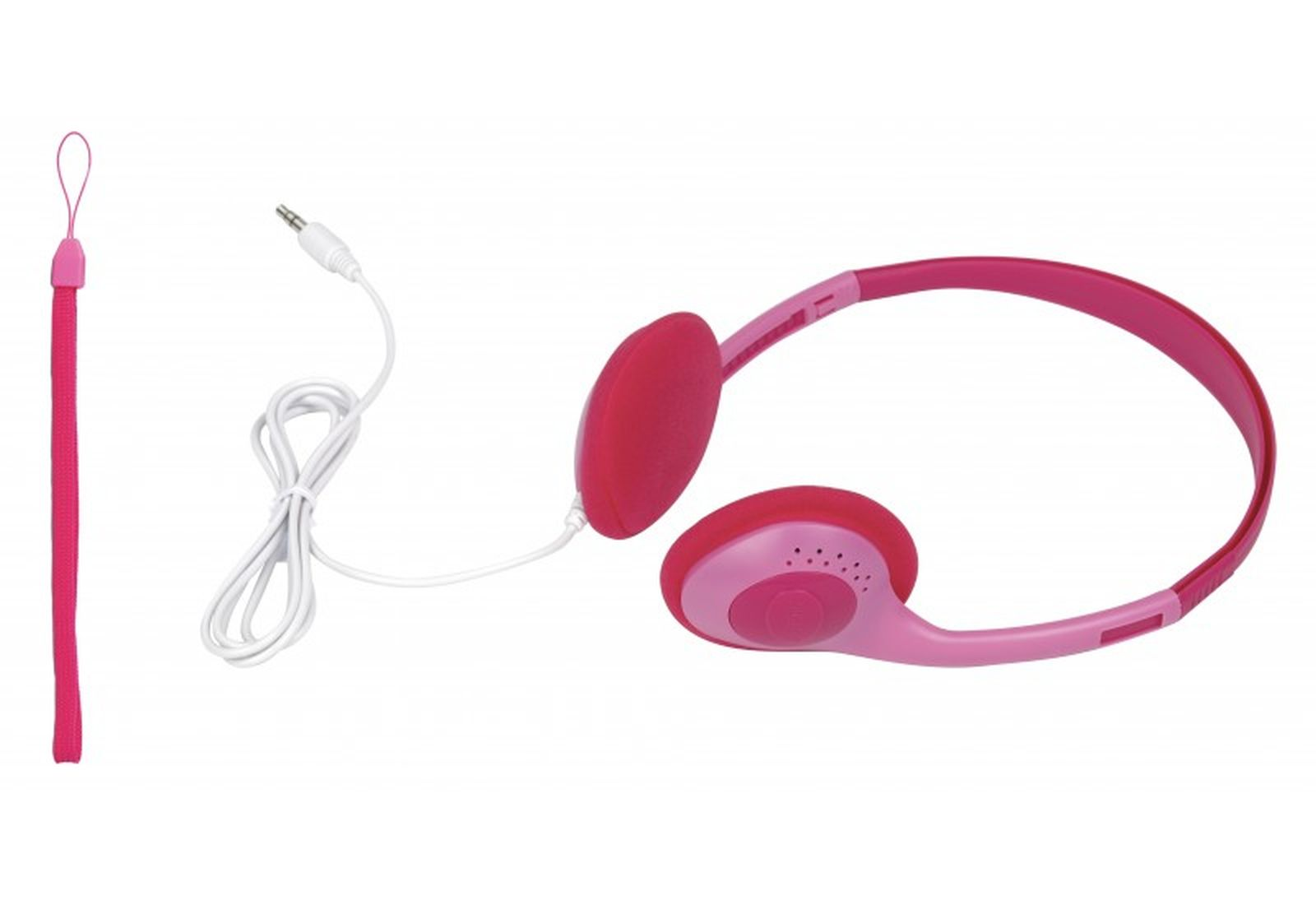 Pinke Kopfhörer mit weißem Audiokabel und Klinkenstecker sowie einer passenden pinken Handschlaufe vor weißem Hintergrund.