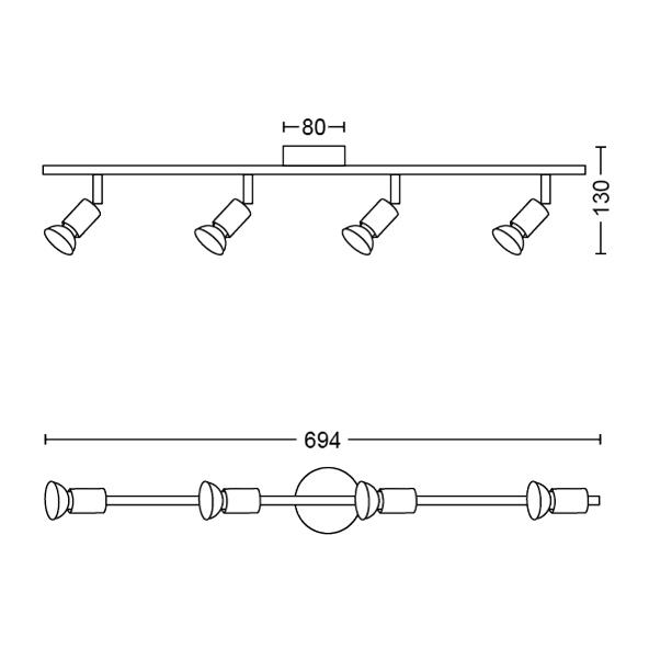 Technische Zeichnung einer Deckenleuchte mit vier Strahlern, Maße Länge 694 mm und Breite 130 mm.