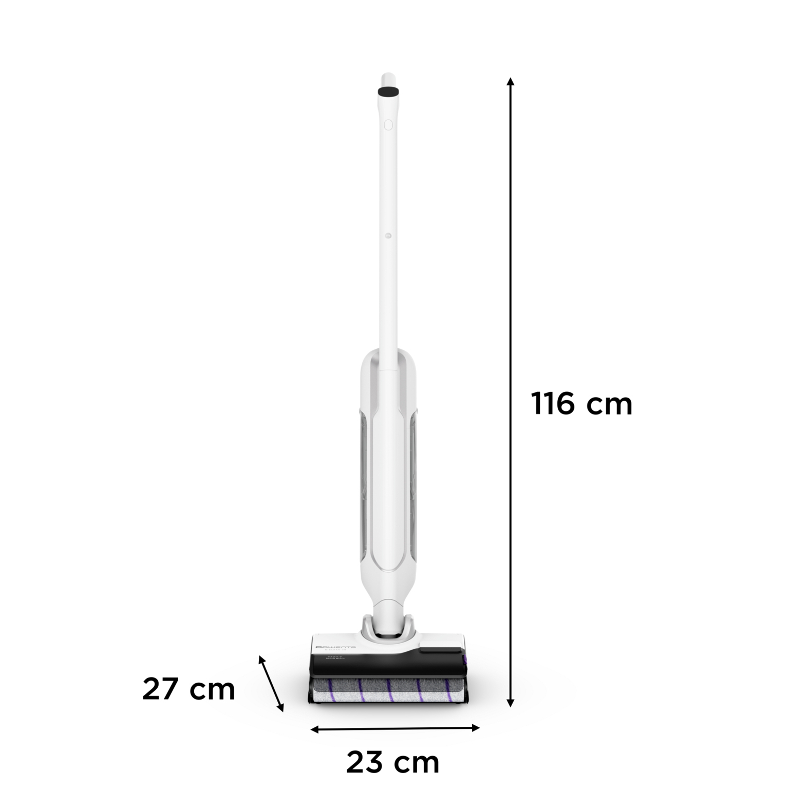Weißer Akkusauger mit Maßen: 116 cm Höhe, 23 cm Breite, 27 cm Tiefe.
