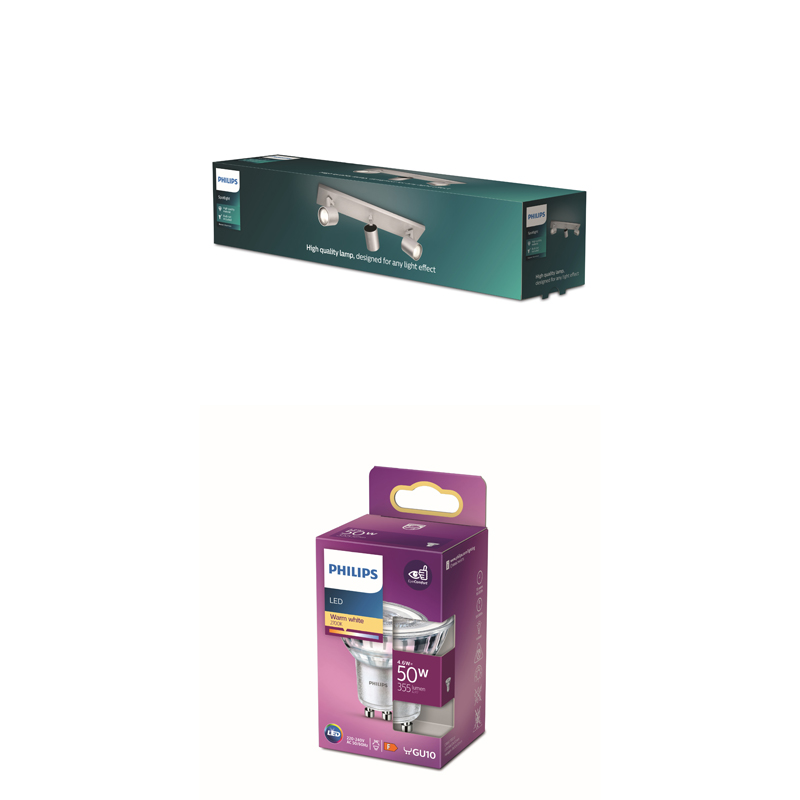 Philips-Verpackung mit einer Deckenleuchte und einer GU10-LED-Lampe auf weißem Grund.