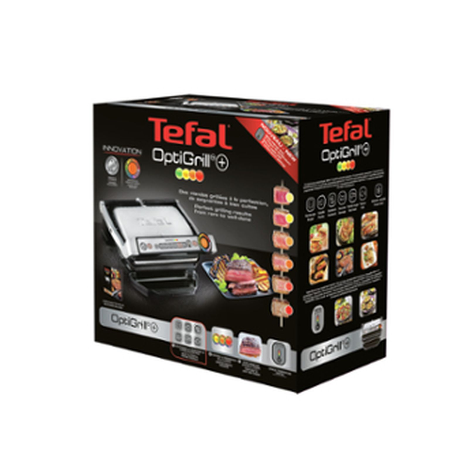 Scatola di imballaggio per Tefal OptiGrill plus, con immagini del prodotto e cibo su sfondo nero.