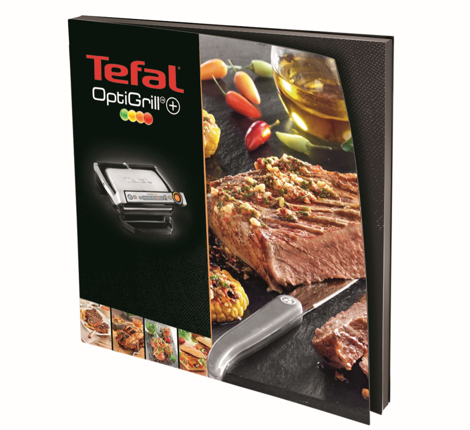 Scatola del prodotto Tefal OptiGrill+ con carne grigliata, spezie e olio.