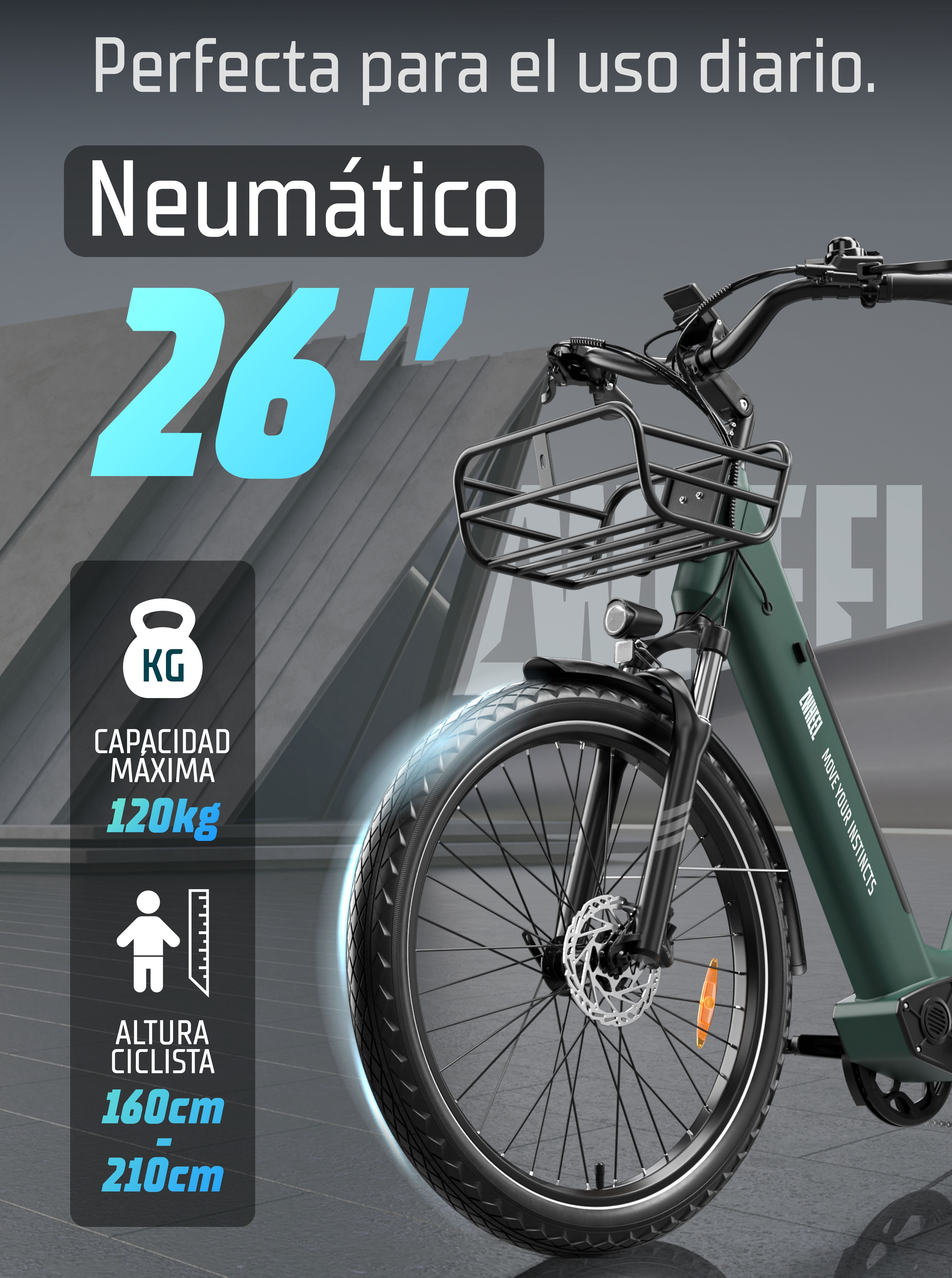 Bicicleta eléctrica verde con cesta delantera y texto promocional.
