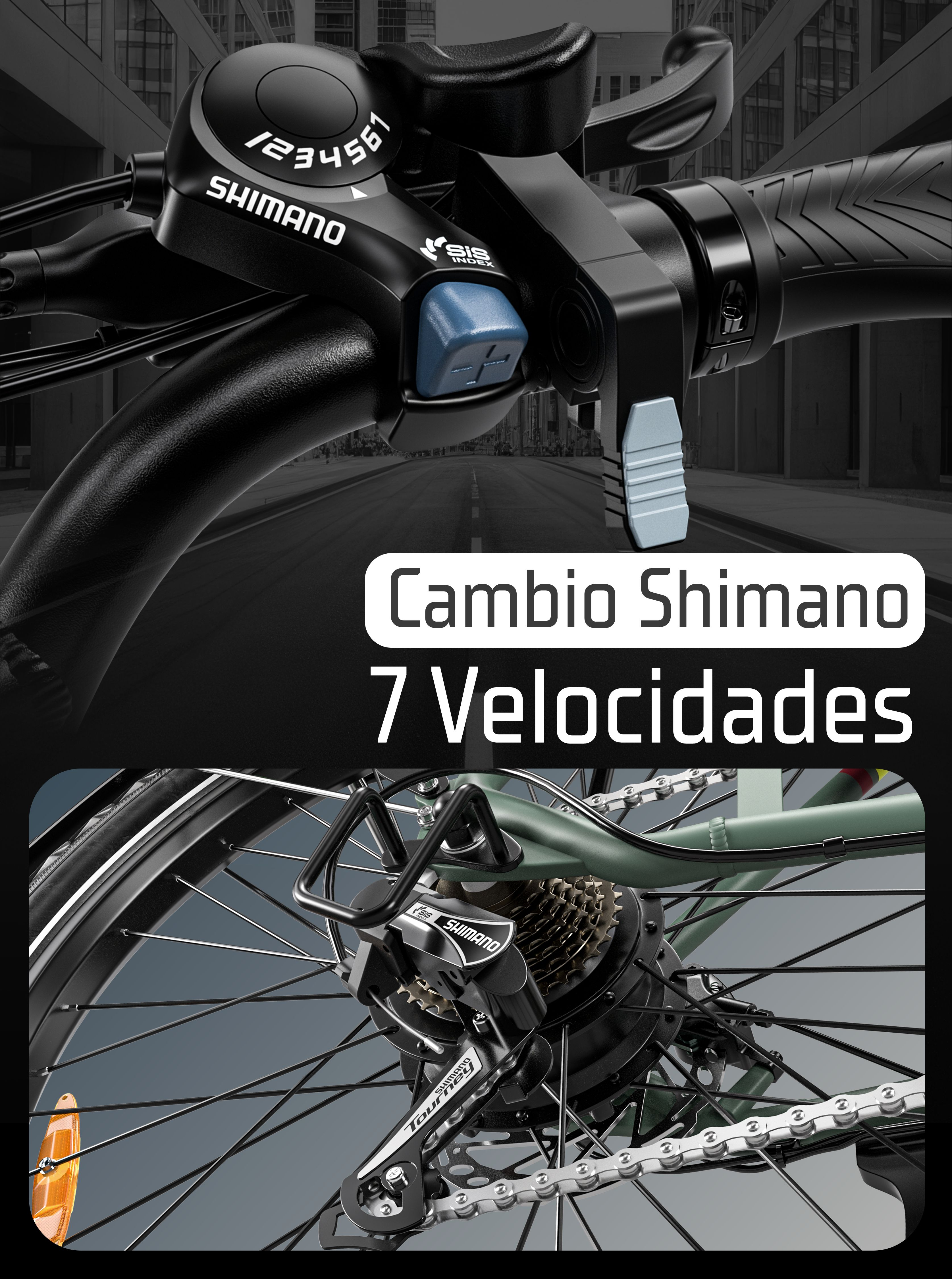 Cambio de bicicleta Shimano de 7 velocidades con manillar y rueda trasera.