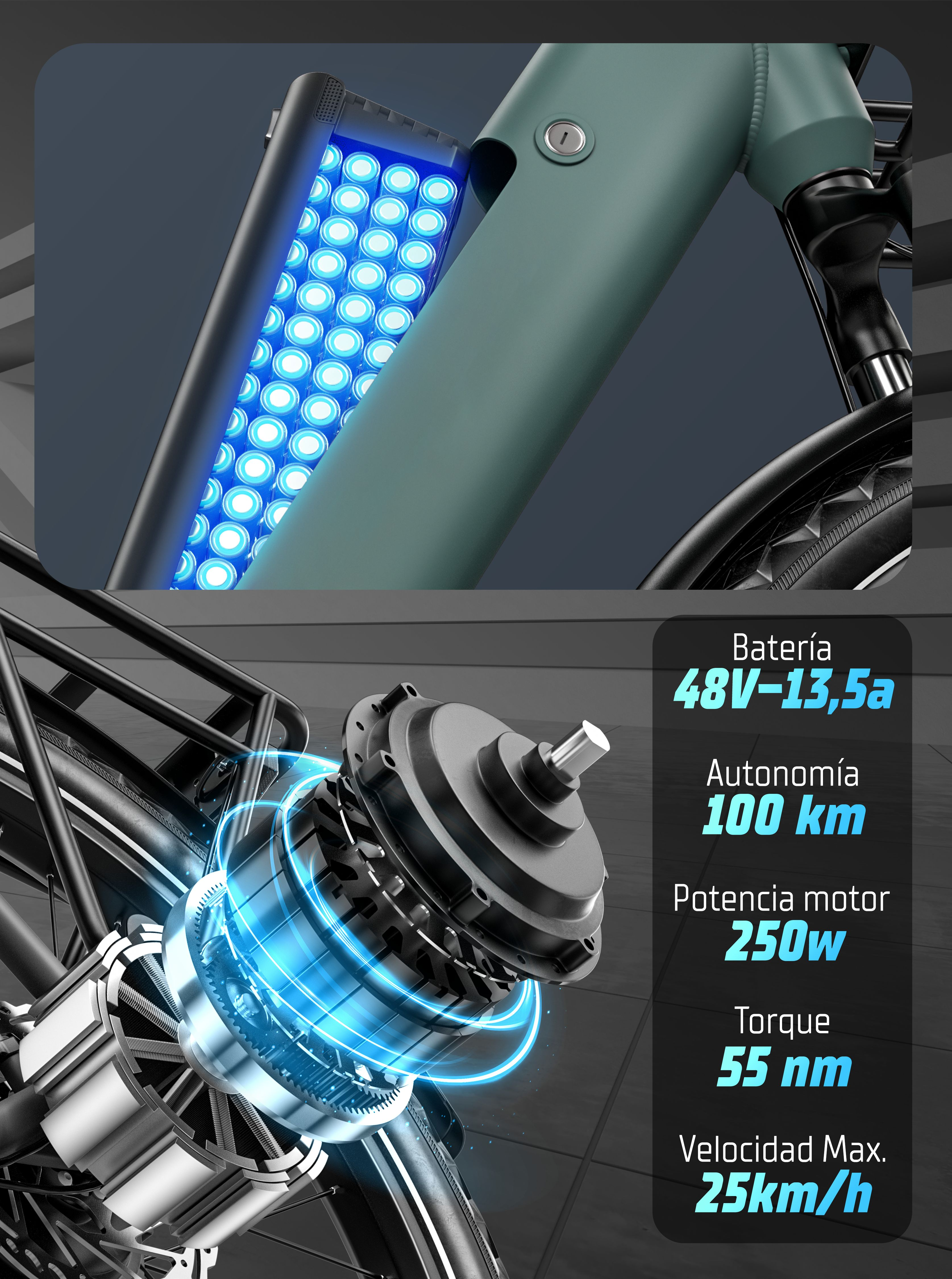 Batería de e-bike con celdas azules brillantes y gráfico de motor con especificaciones.