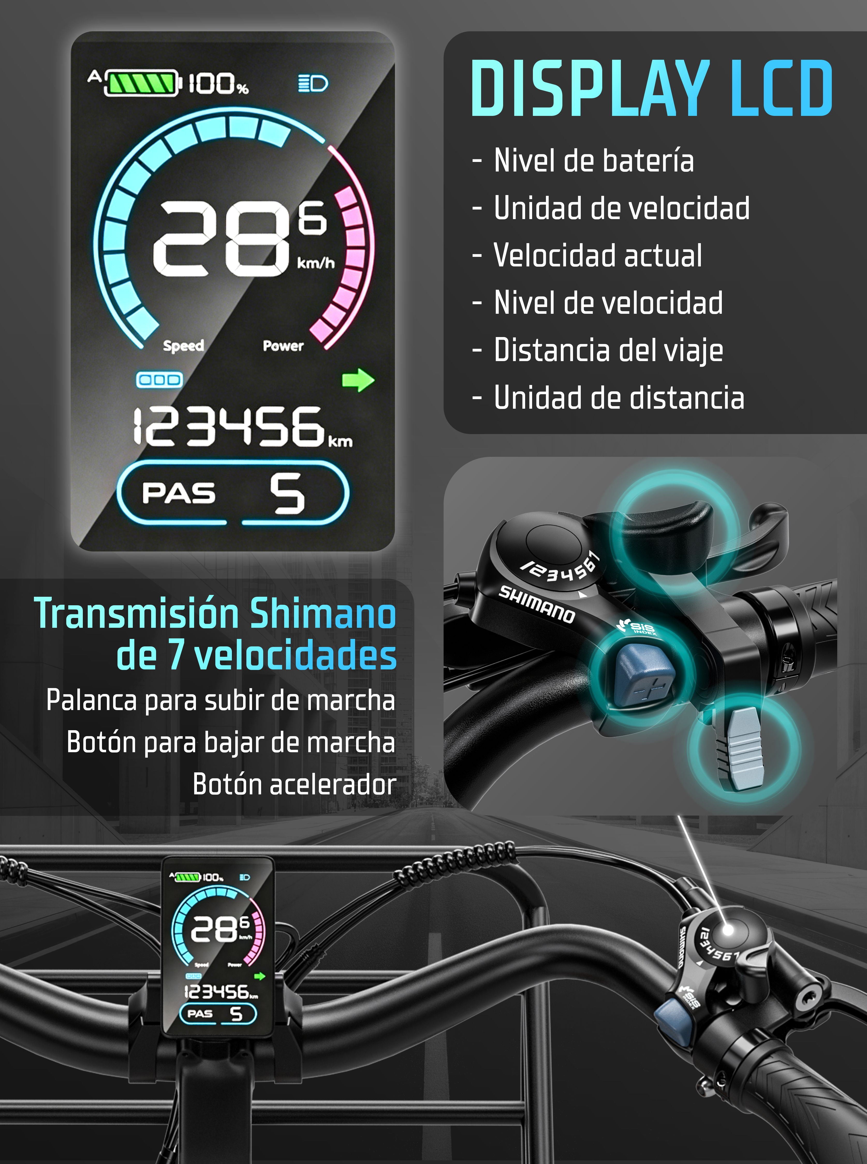 Manillar de e-bike con pantalla LCD y cambio Shimano de 7 velocidades.