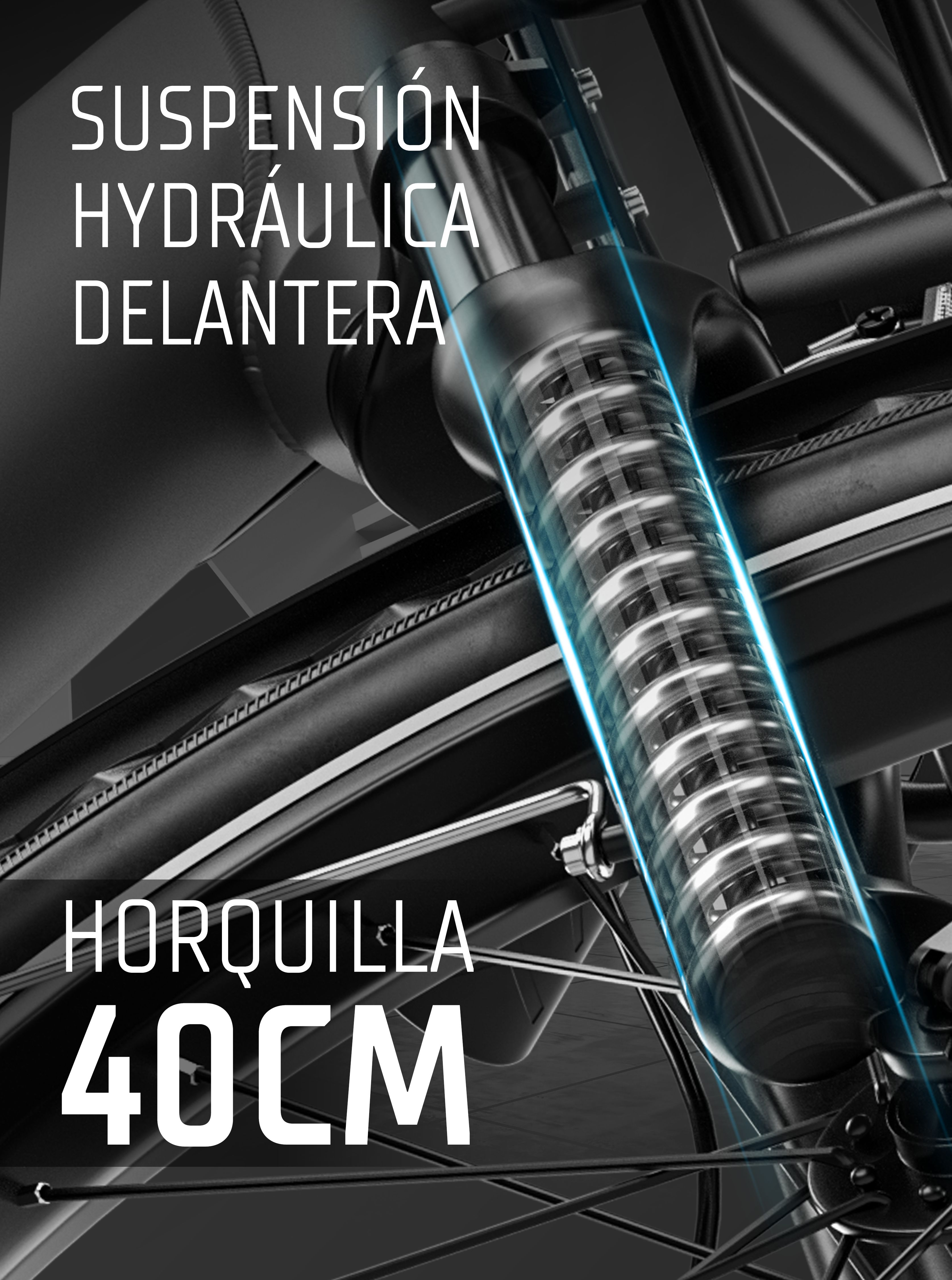 Primer plano de la horquilla de suspensión hidráulica delantera de una bicicleta con texto.