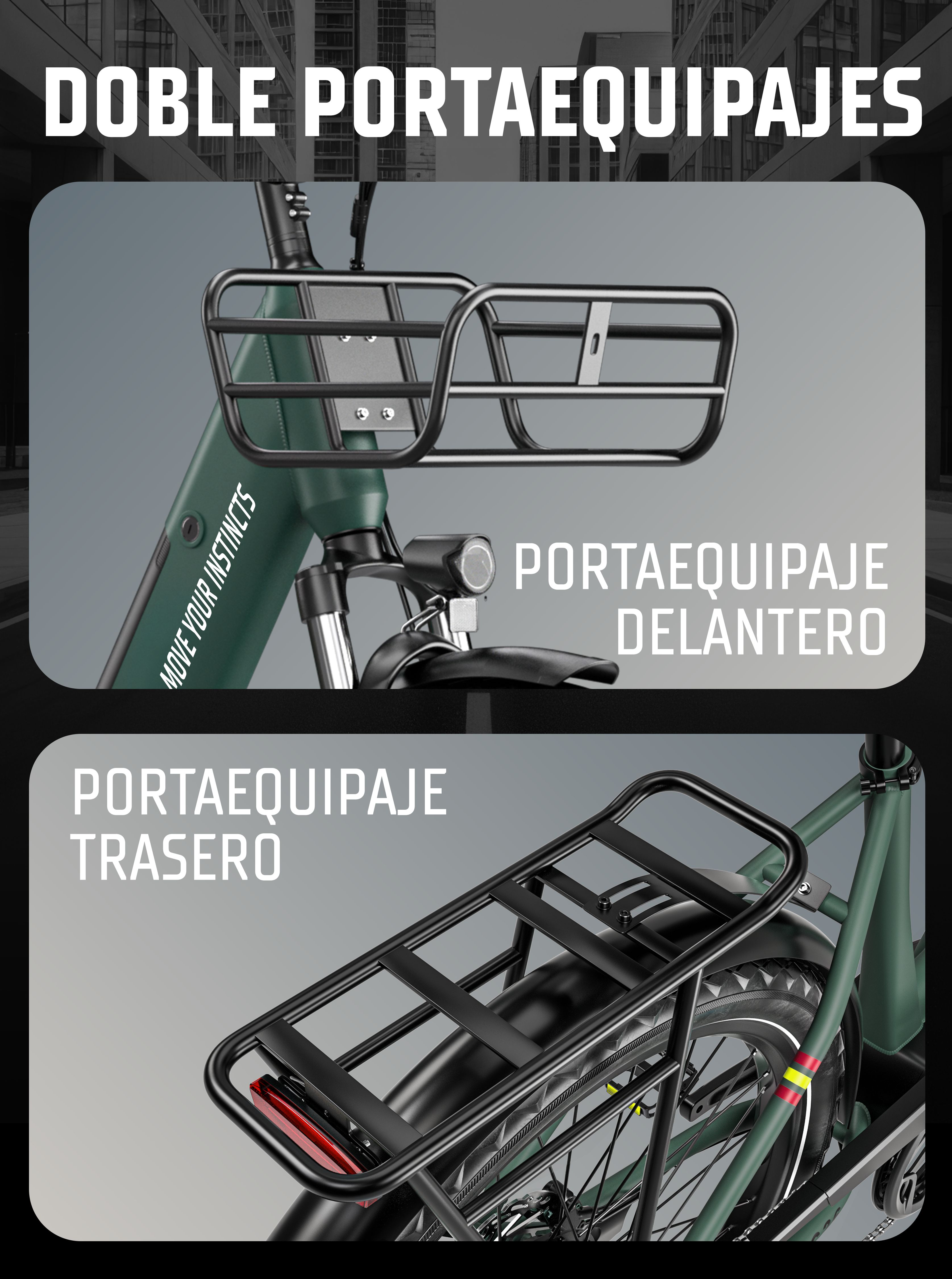 Bicicleta eléctrica verde con portaequipajes delantero y trasero negro.