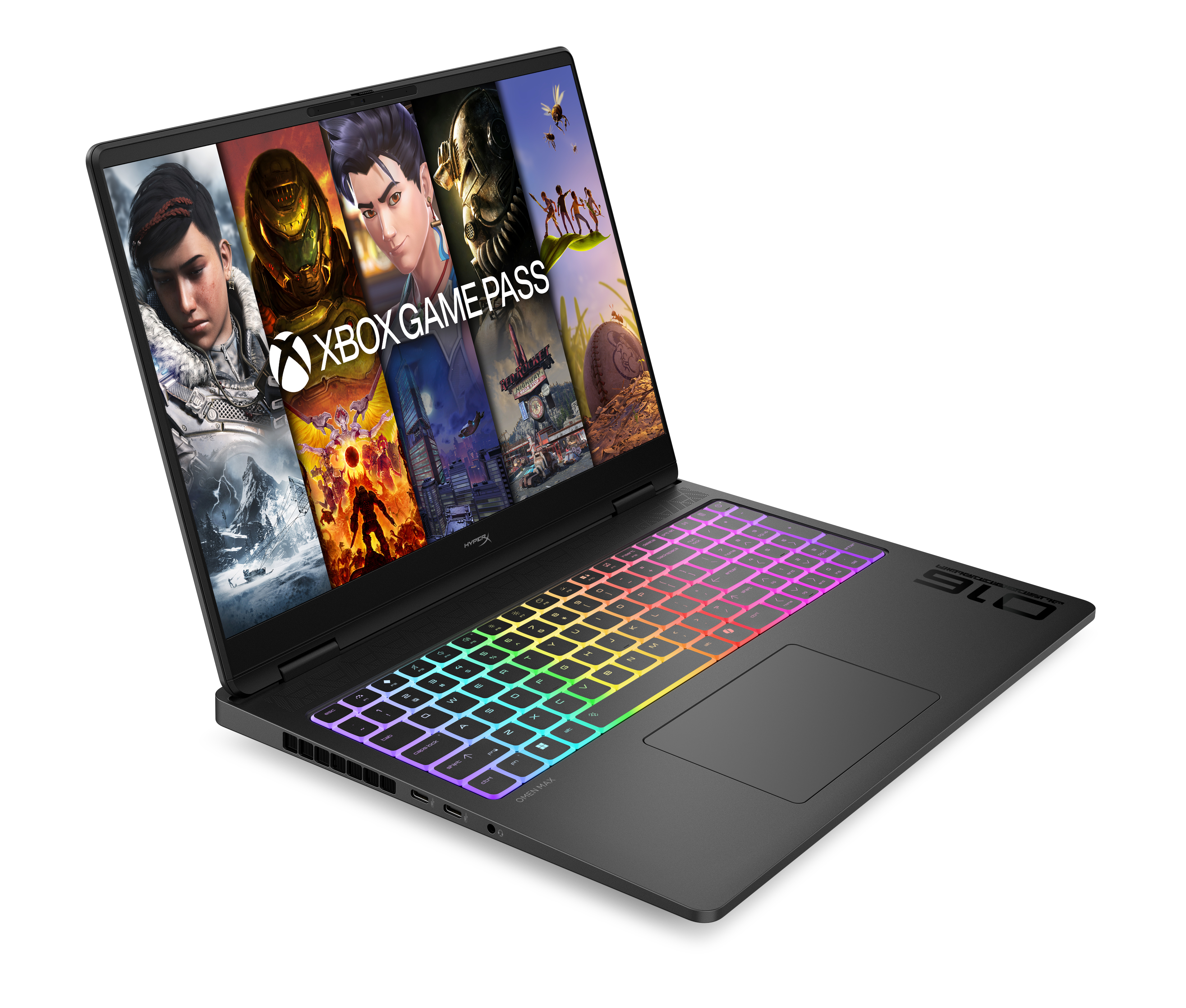 Un computer portatile da gioco nero con tastiera retroilluminata colorata e logo Xbox Game Pass sullo schermo.