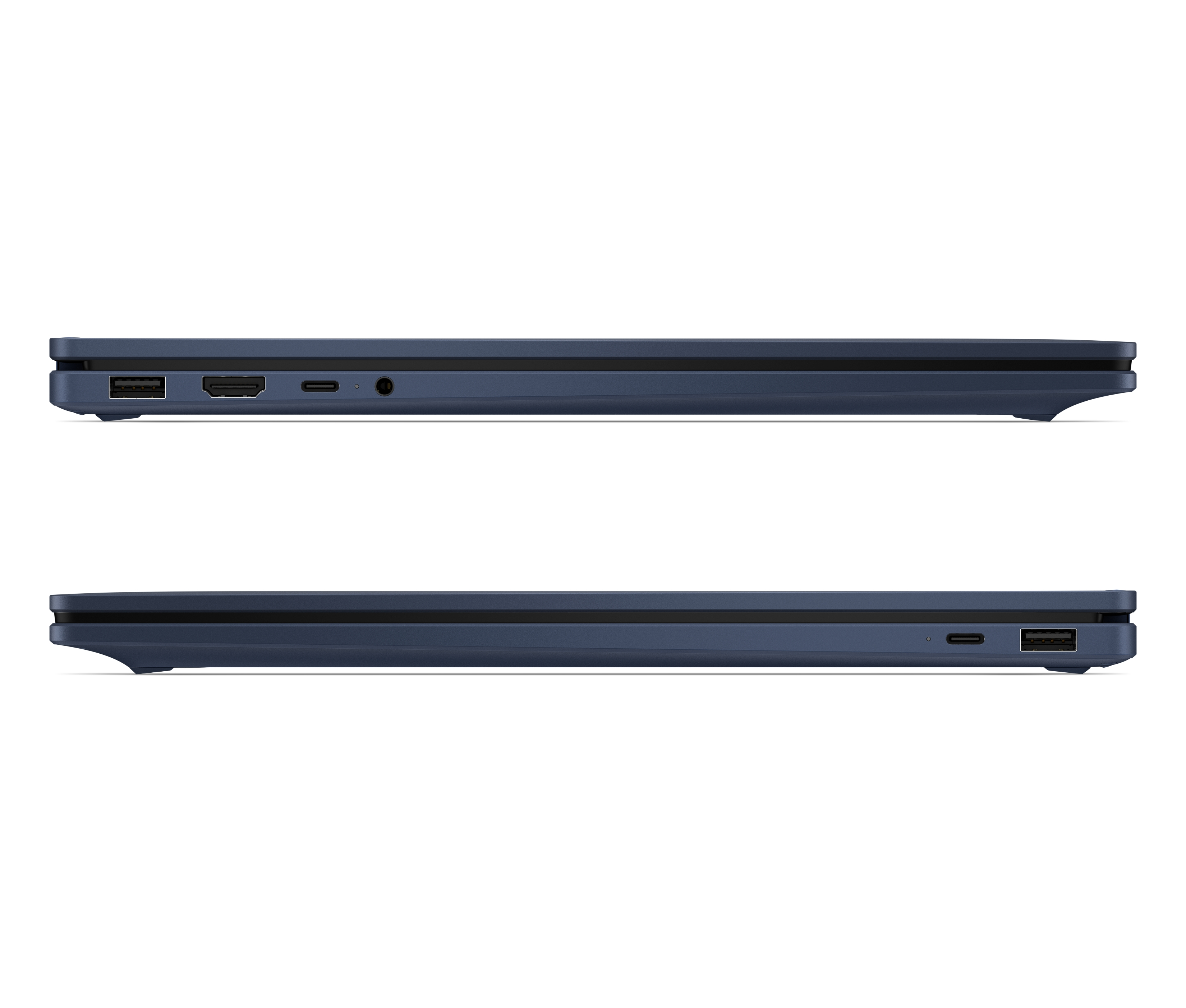 Viste laterali di un computer portatile blu che mostrano varie porte su entrambi i lati.