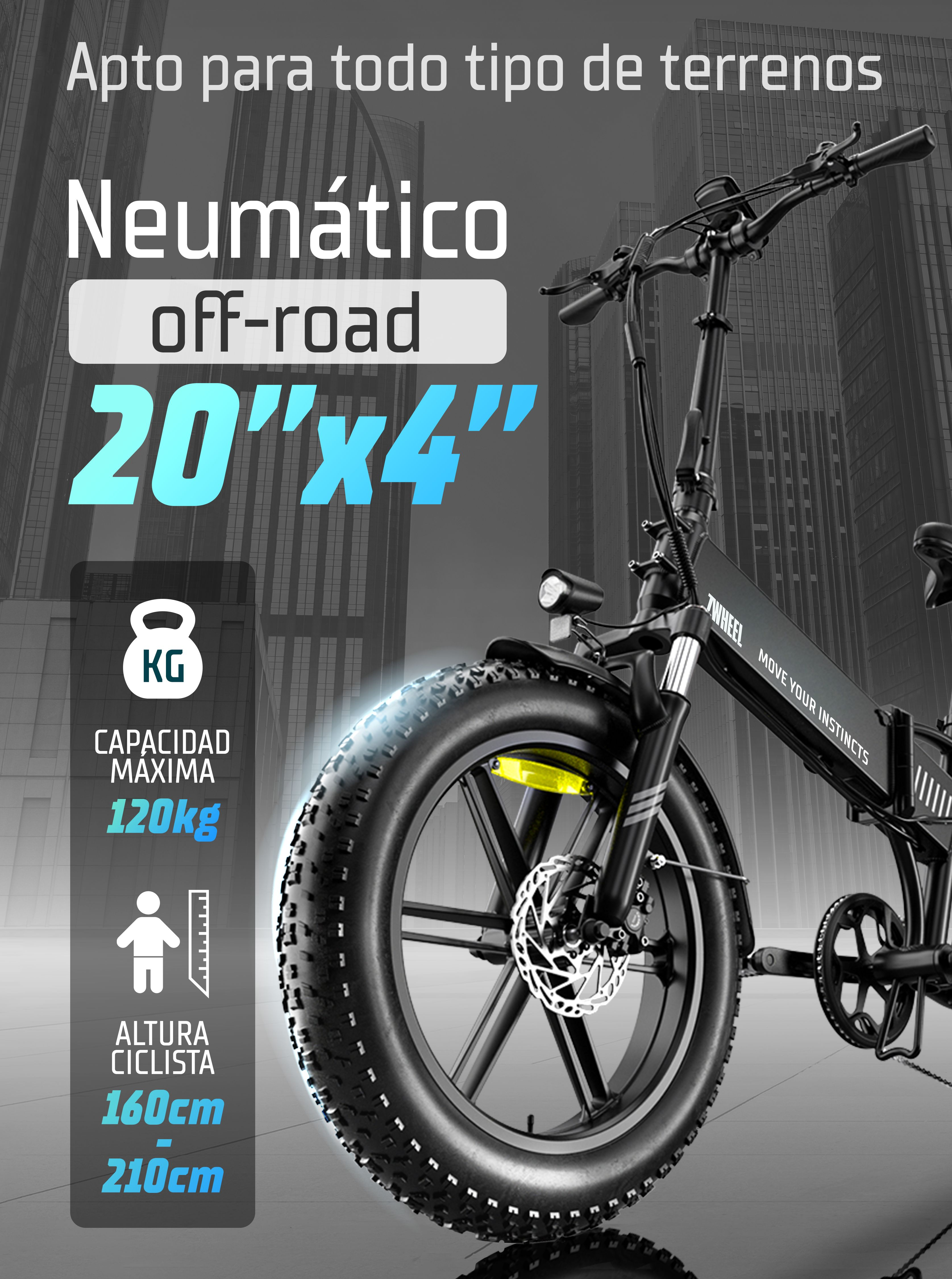 Bicicleta eléctrica negra con neumáticos gruesos, fondo de ciudad y texto en español.