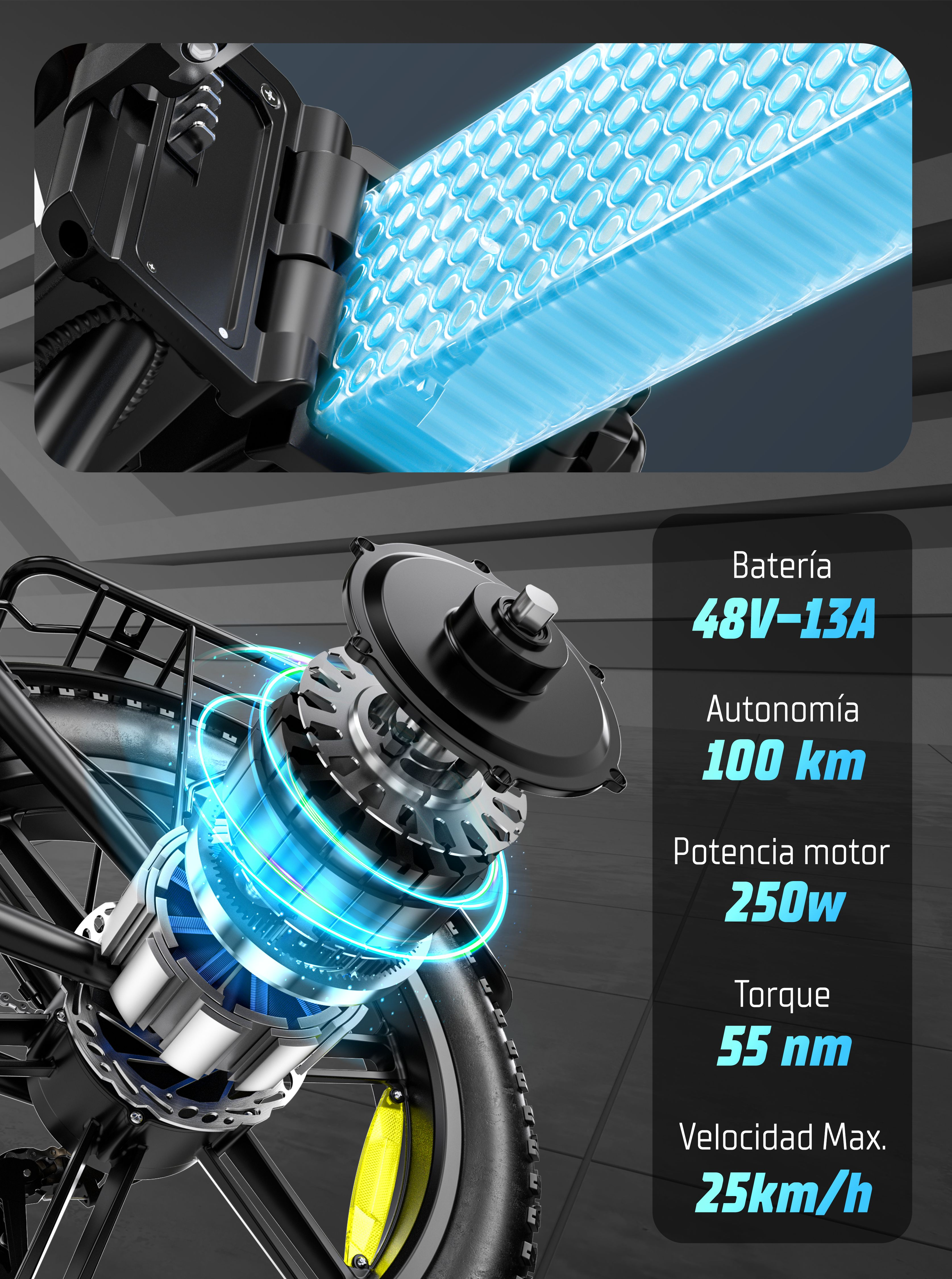 Diagrama muestra batería de e-bike, motor de 250W, autonomía de 100km, torque de 55Nm y velocidad máx de 25km/h.