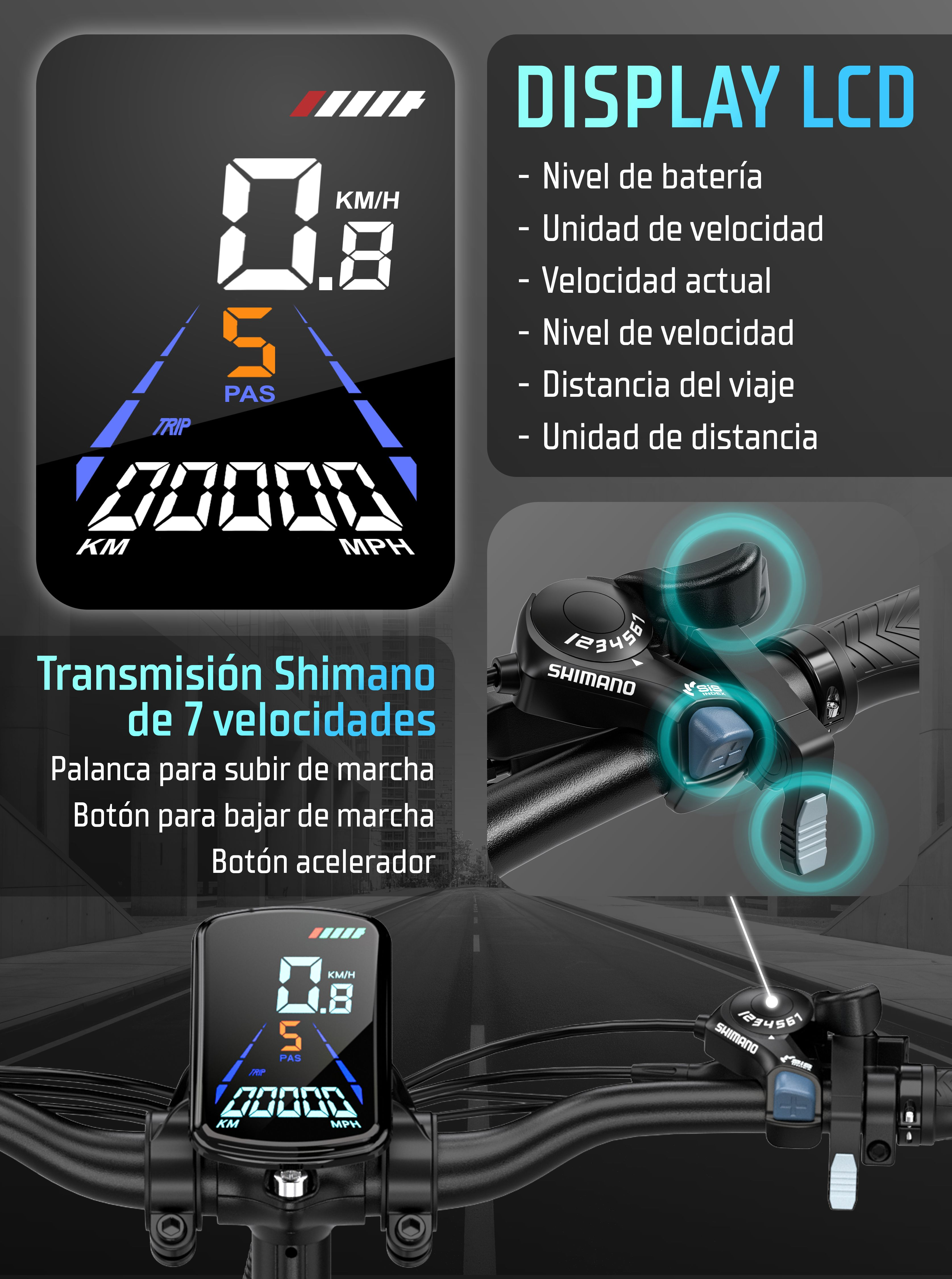 Pantalla LCD de e-bike y cambio Shimano de 7 velocidades en el manillar.