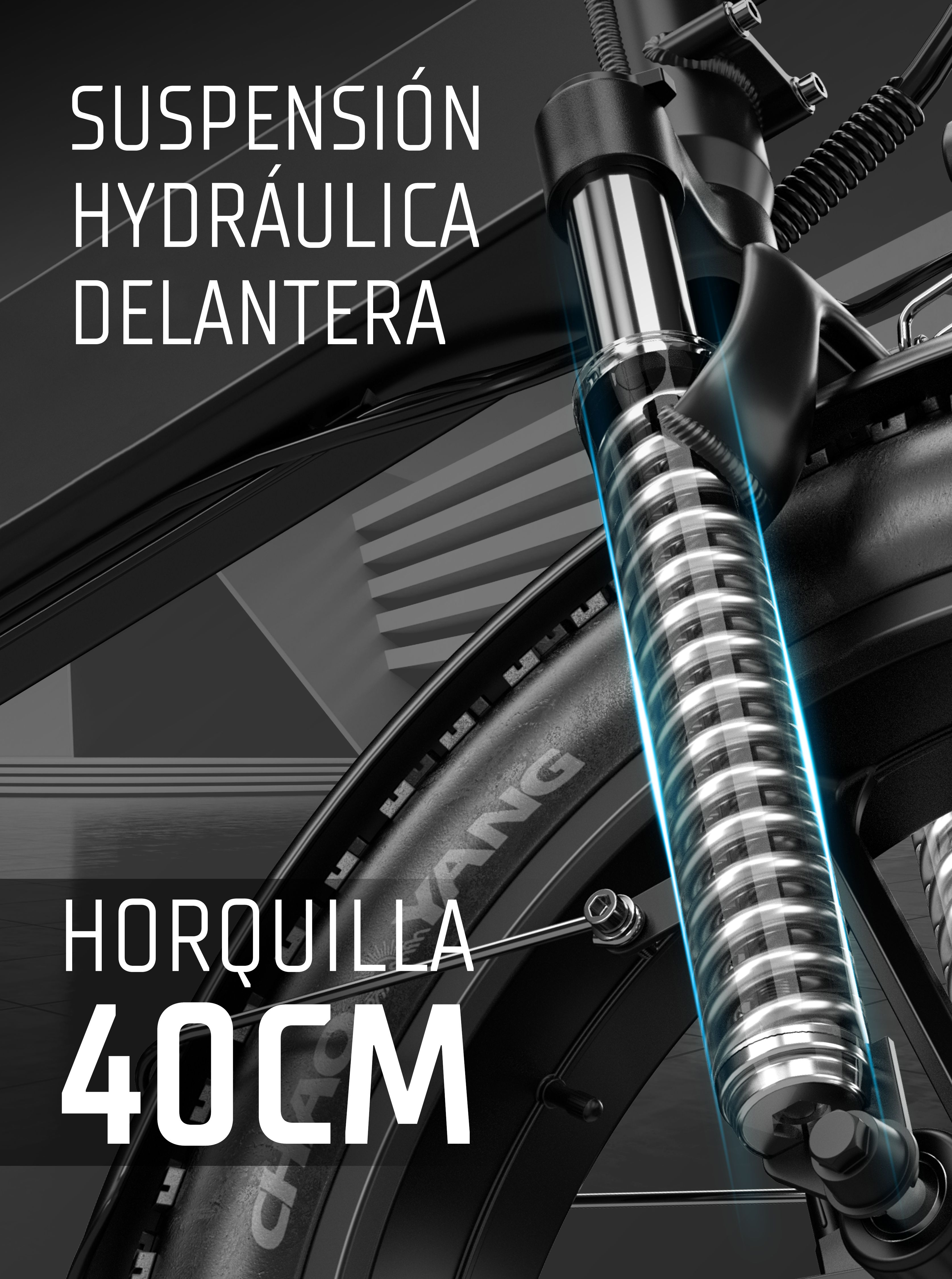 Suspensión hidráulica delantera con horquilla de 40 cm en una bicicleta.