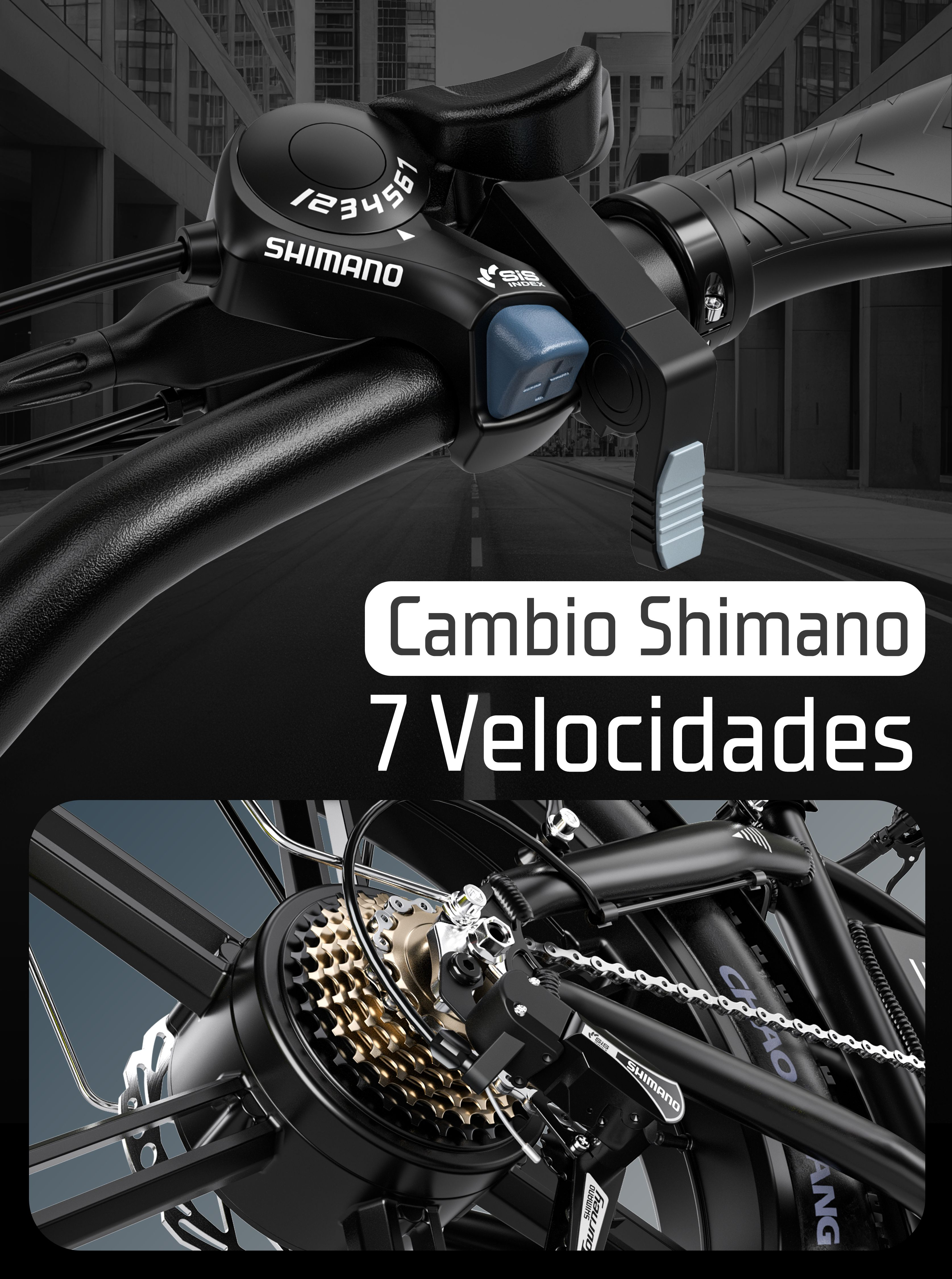 Cambio de marchas y desviador de bicicleta Shimano de 7 velocidades negro con fondo urbano.