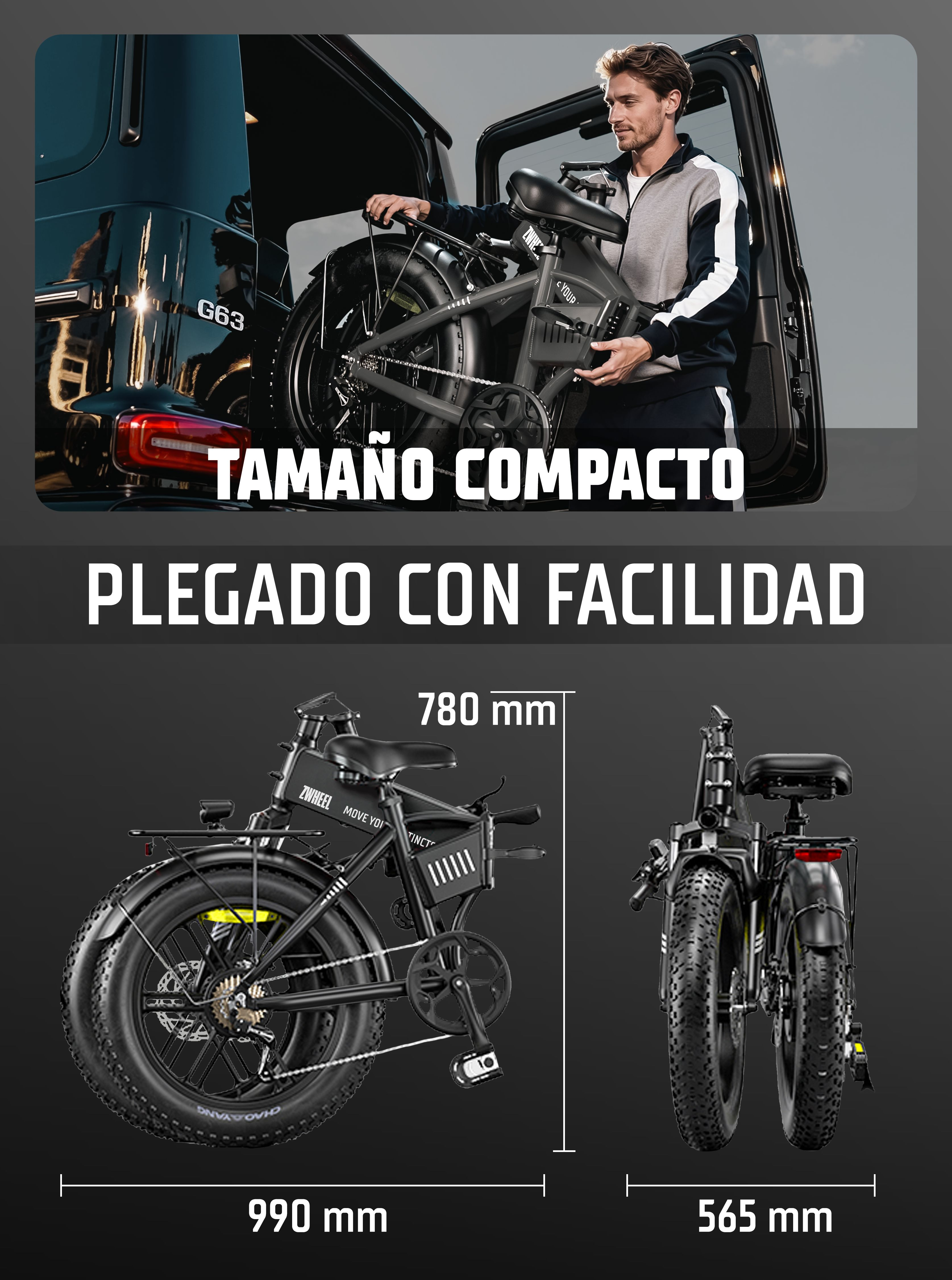 Un hombre carga una bicicleta eléctrica compacta y plegable en la parte trasera de un auto negro.
