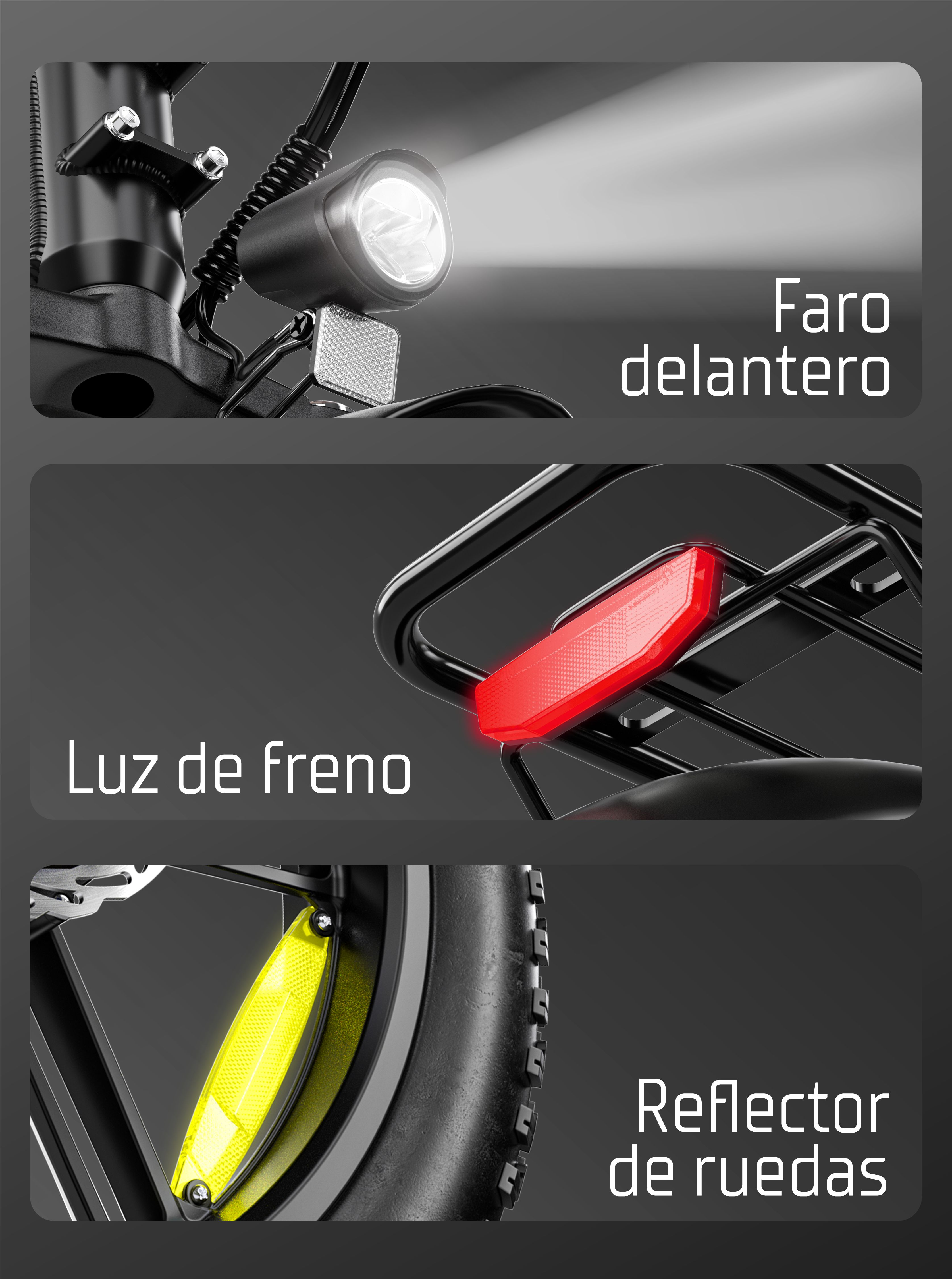 Tres primeros planos de partes de bicicleta: un faro delantero brillante, una luz de freno roja y un reflector amarillo.
