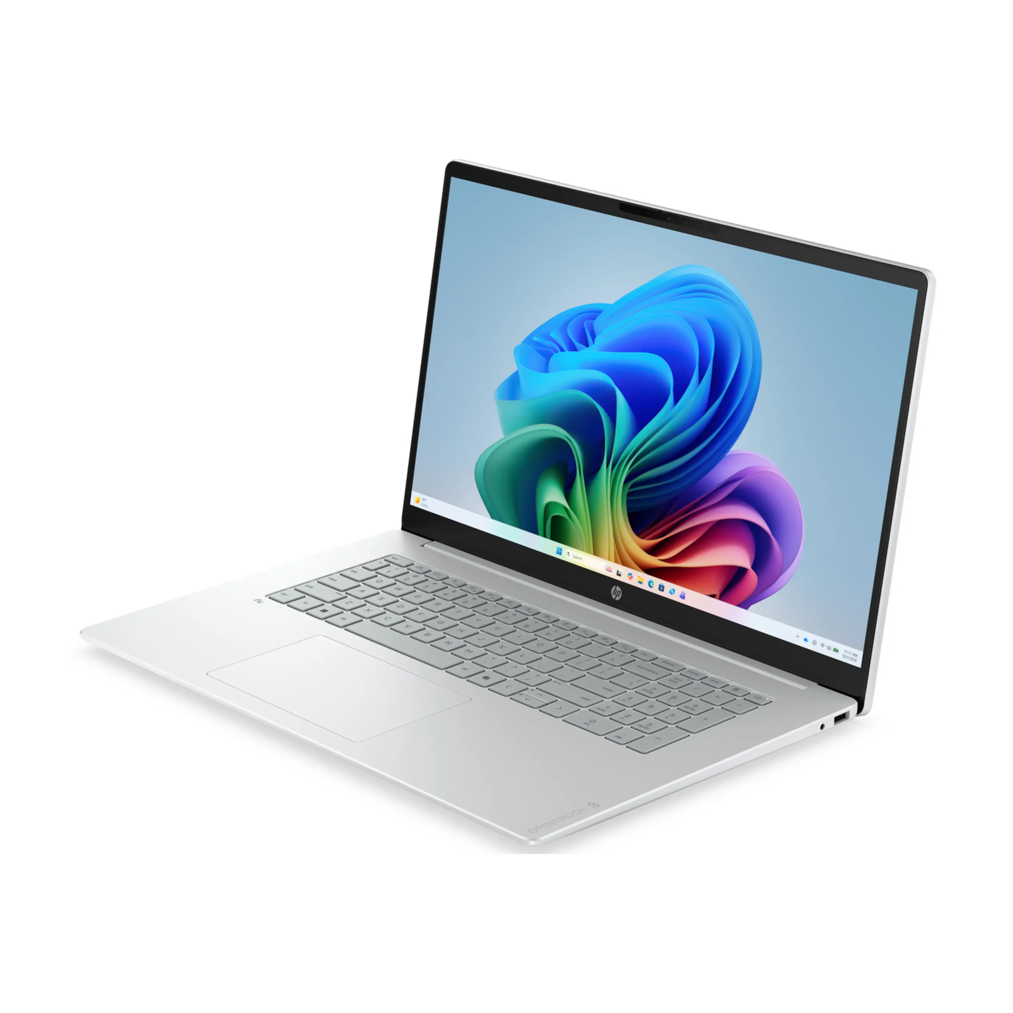 Un computer portatile argento con tastiera bianca e schermo che mostra una grafica astratta colorata.