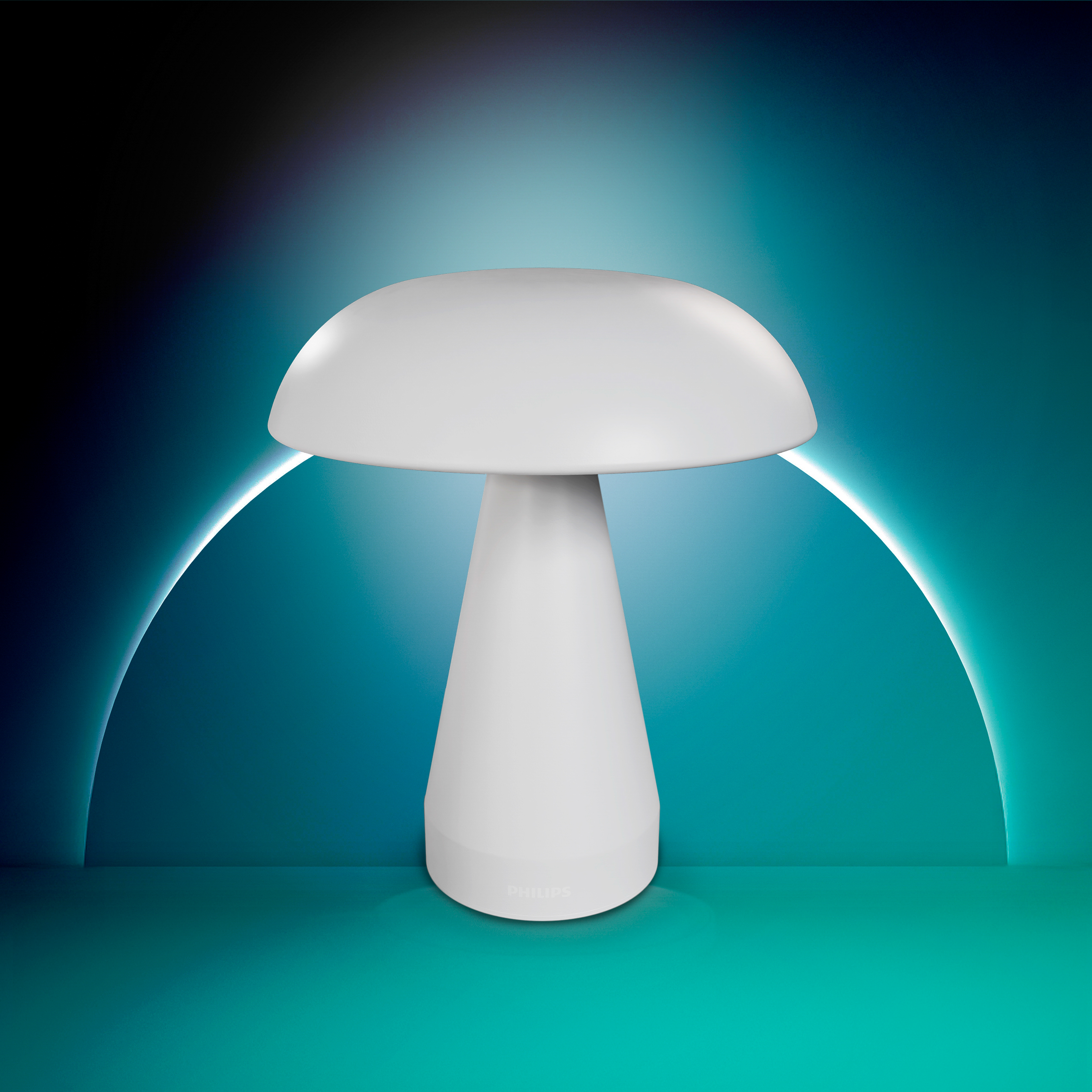 Een witte paddestoelvormige lamp staat tegen een gloeiende turquoisen en donkerblauwe achtergrond.