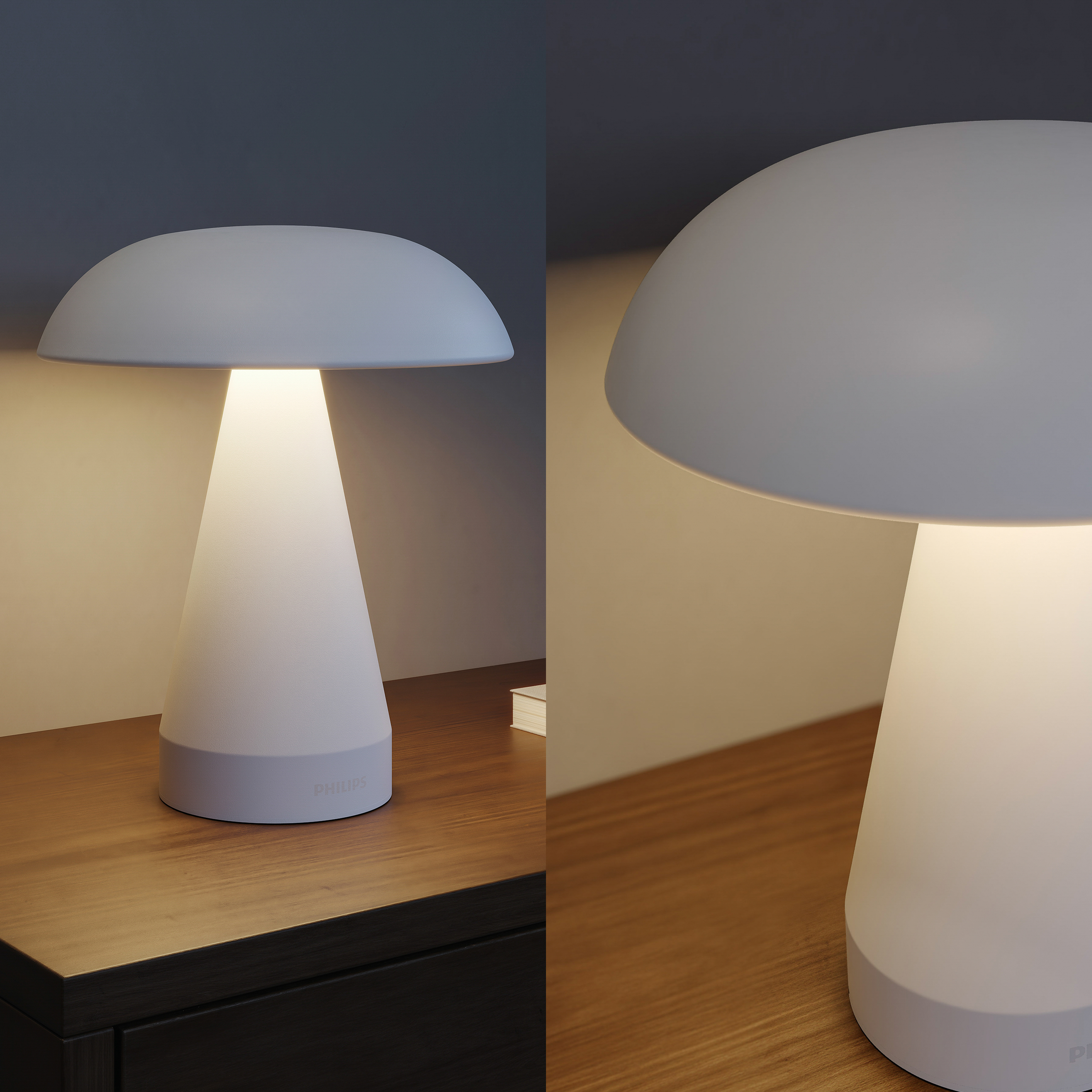 Een witte paddestoelvormige lamp staat op een houten kast en geeft warm licht.