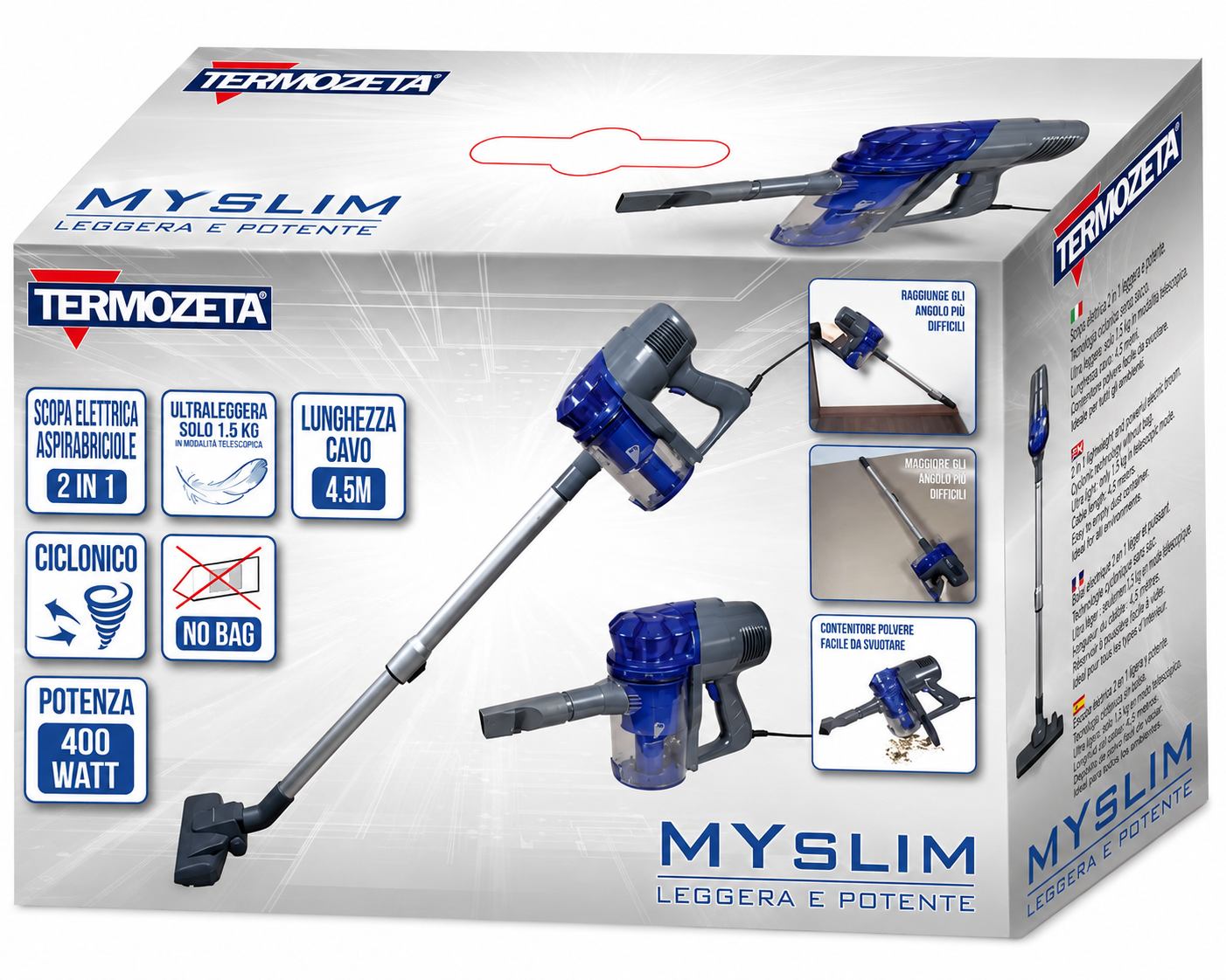 Scatola di imballaggio per scopa elettrica Termozeta Myslim blu e grigia, con accessori e specifiche.