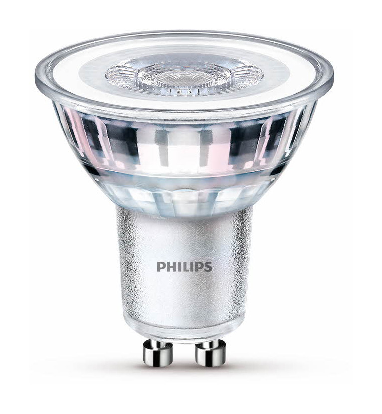 Eine Philips GU10 LED-Lampe mit klarem Glas und silbernem Sockel vor weißem Hintergrund.