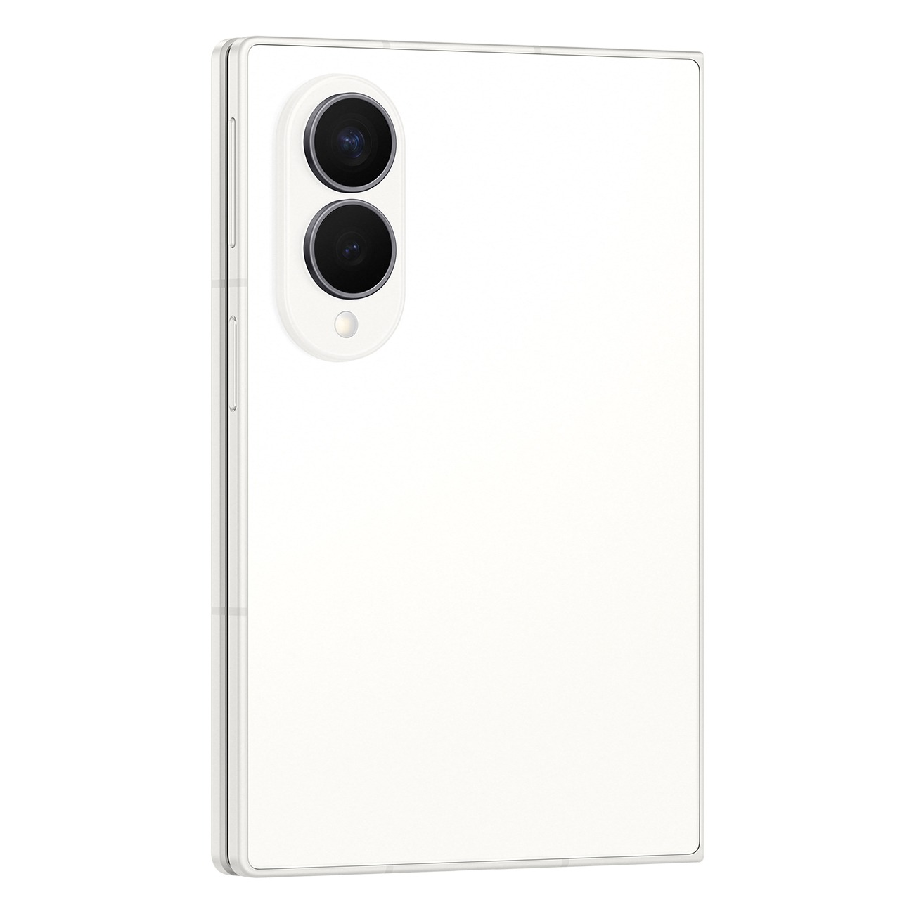 Die Rückseite eines weißen Smartphones mit einer vertikalen Dual-Kamera oben links und physischen Tasten an der Seite.