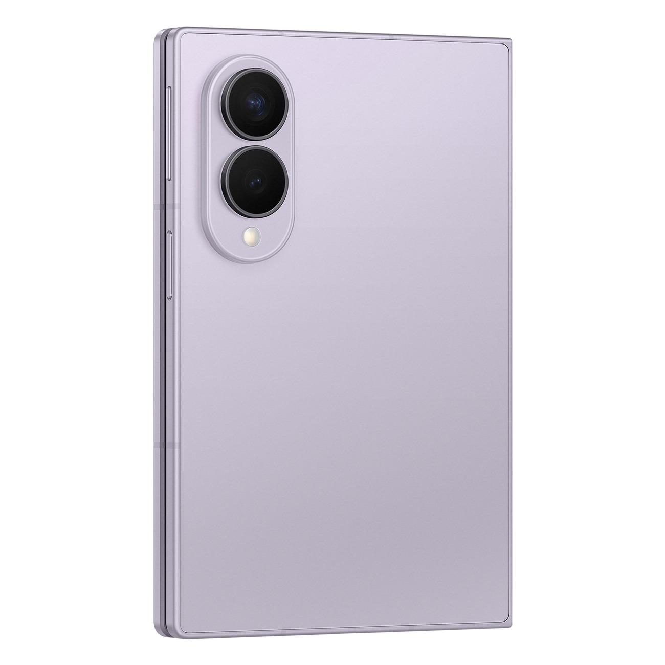 Rückseite eines leichlilafarbenen Smartphones mit zwei vertikalen Kameras und einem Blitz in einem ovalen Modul.