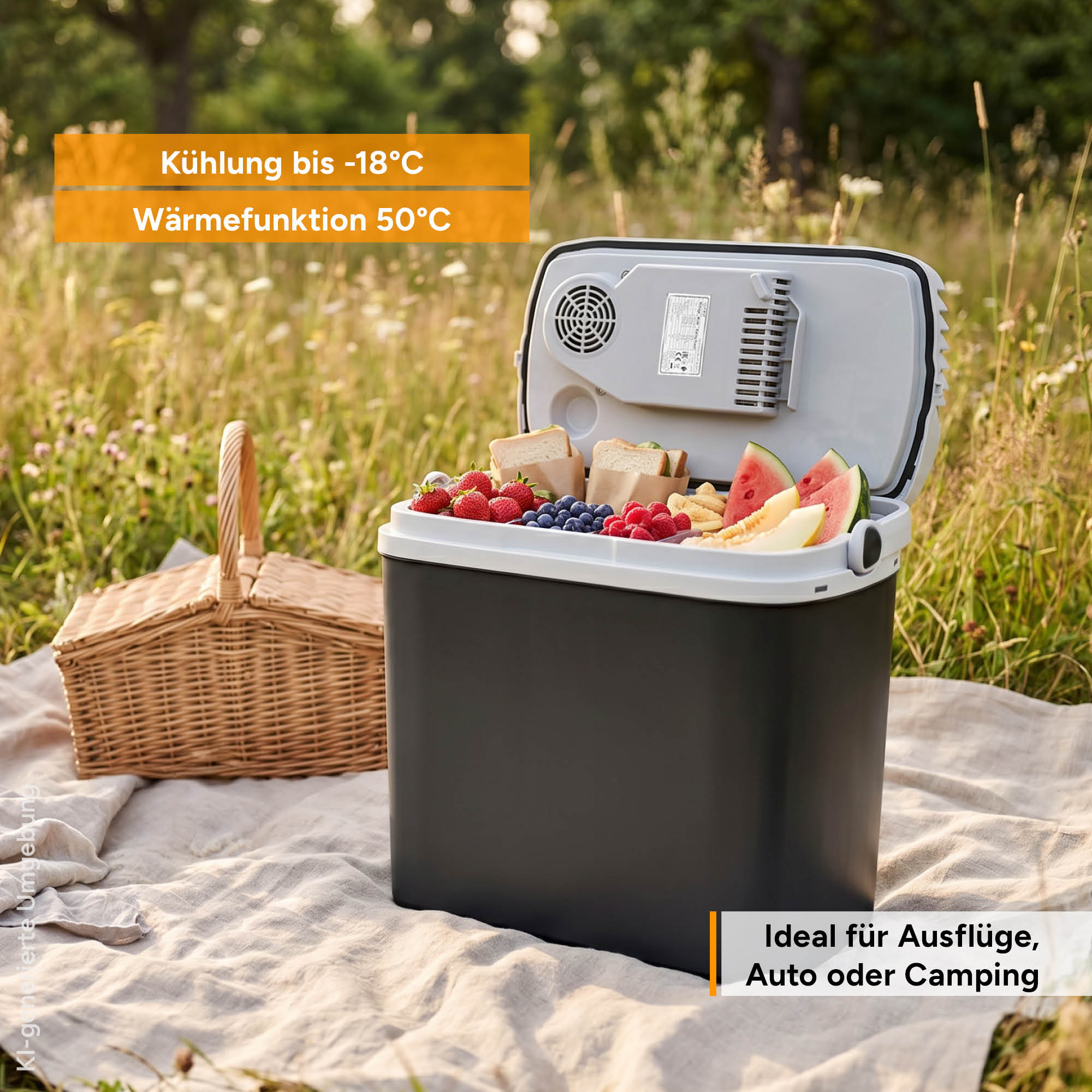 Offene Kühlbox auf Picknickdecke mit Sandwiches, Früchten und einem Weidenkorb im Hintergrund.