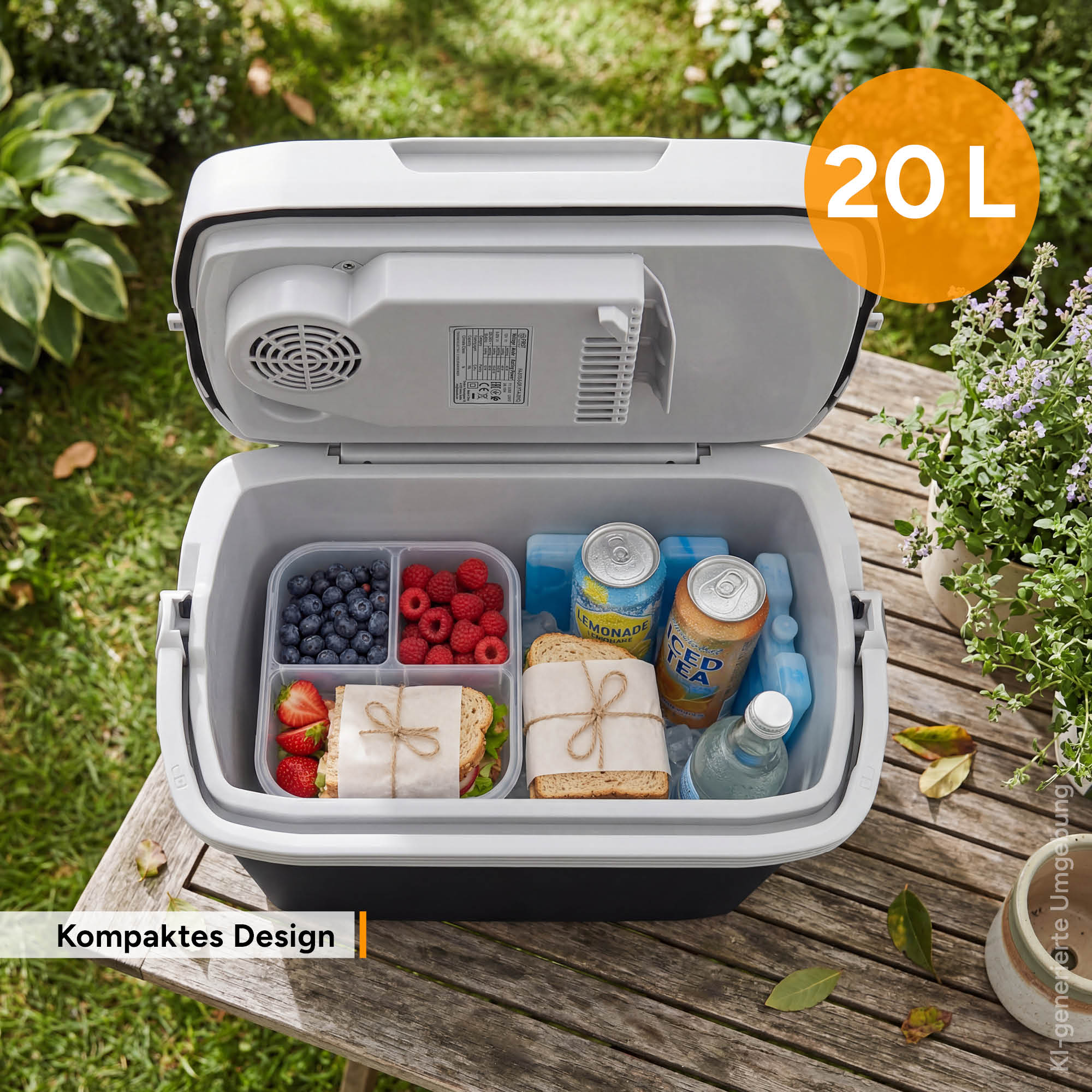 Eine offene Kühlbox auf einem Holztisch, gefüllt mit Sandwiches, Beeren, Getränkedosen und Eisbeuteln.