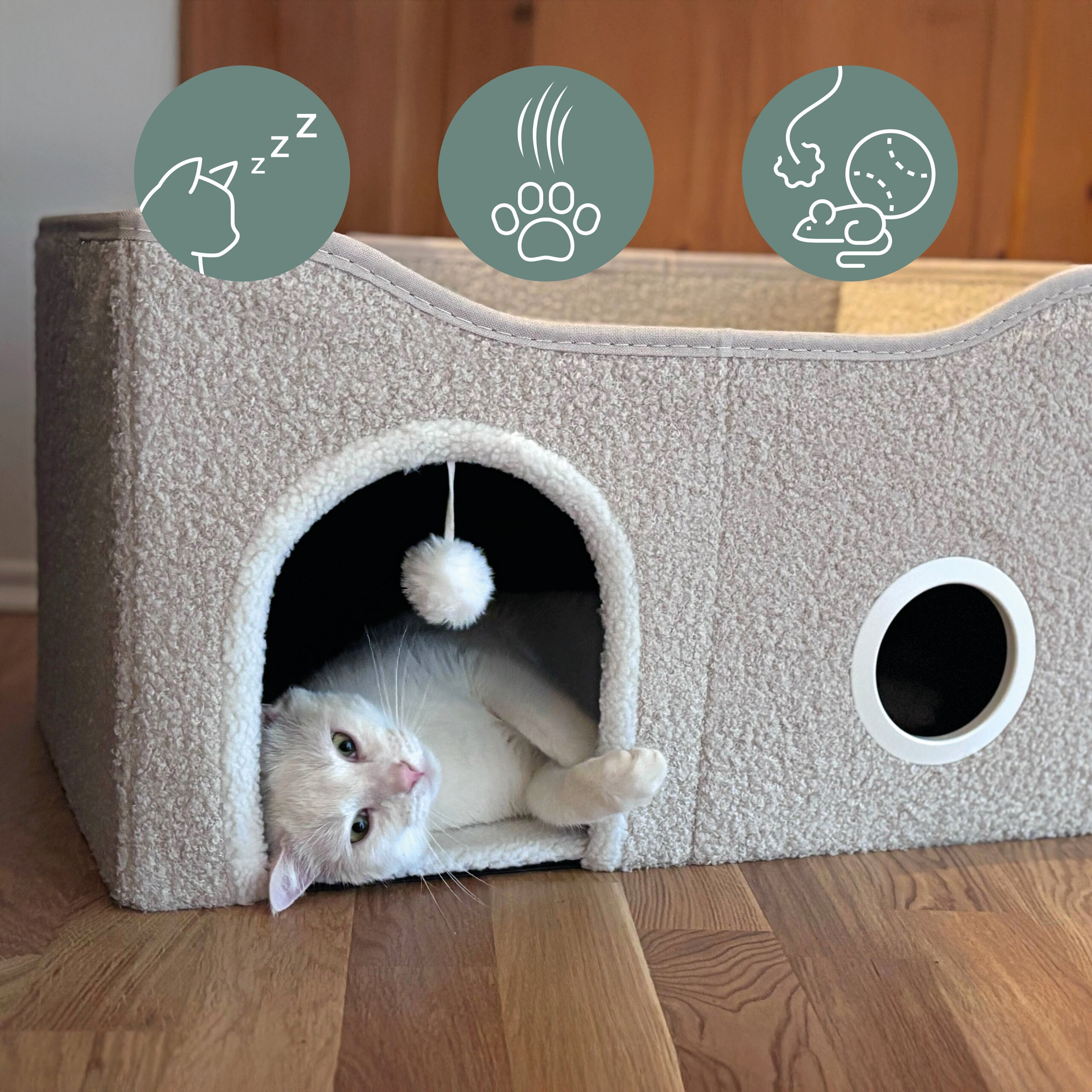 Eine weiße Katze liegt in einer beige Plüschhöhle mit runden Ausschnitten und Icons darüber.
