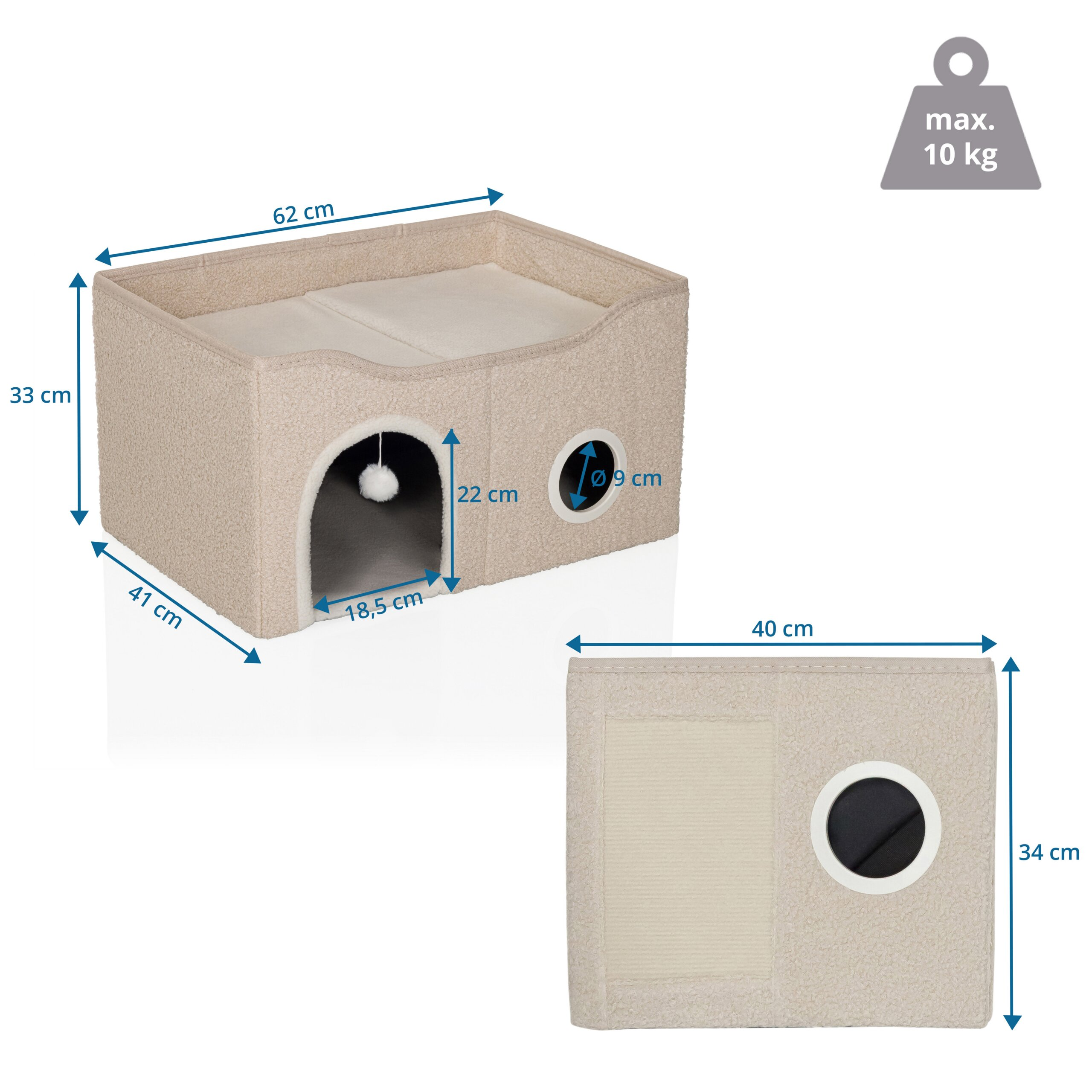 Beige Katzenhöhle aus Stoff mit Maßen, Spielball und Gewichtslimit-Symbol.
