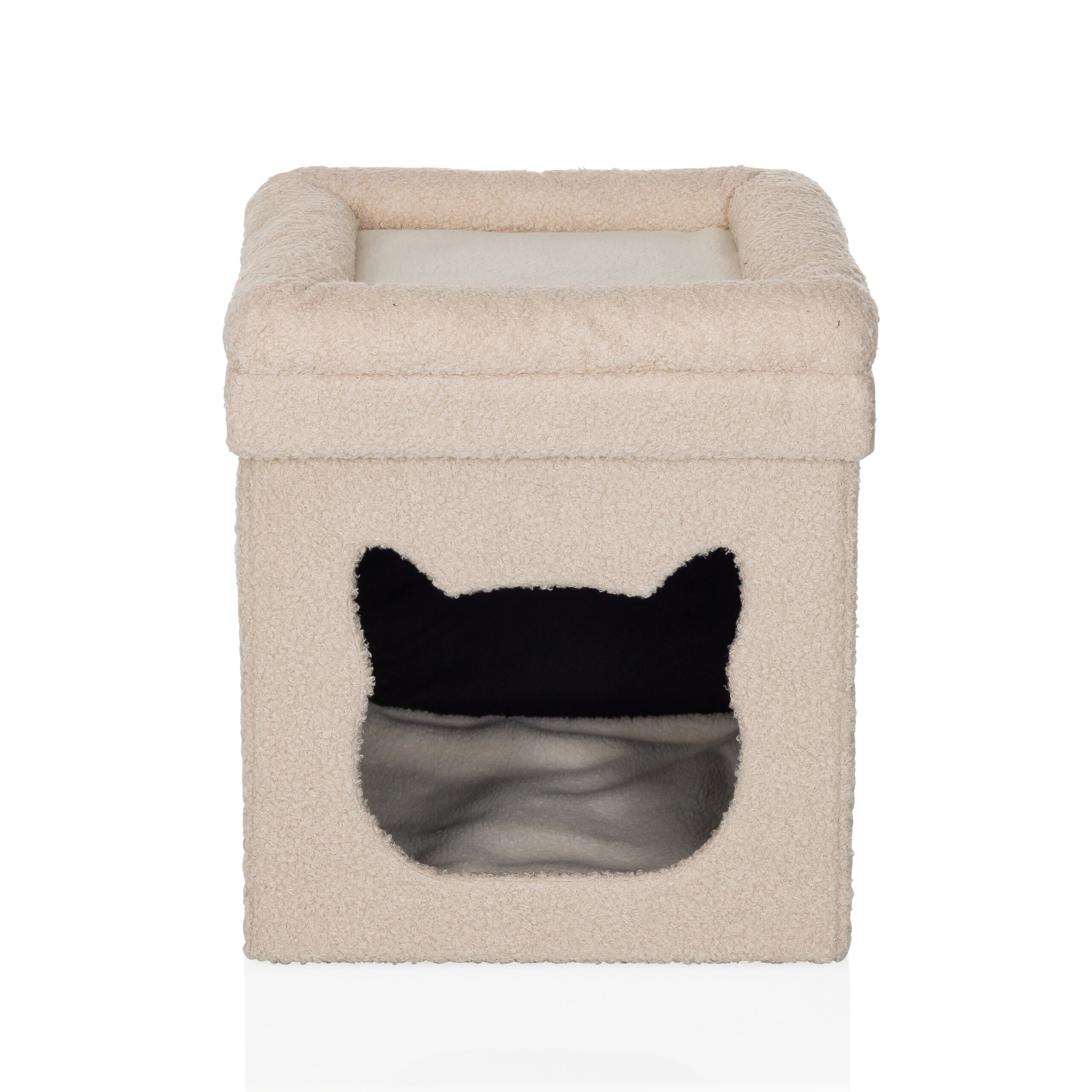 Beigefarbener Plüsch-Katzenhocker in Würfelform mit katzenförmigem Eingang.