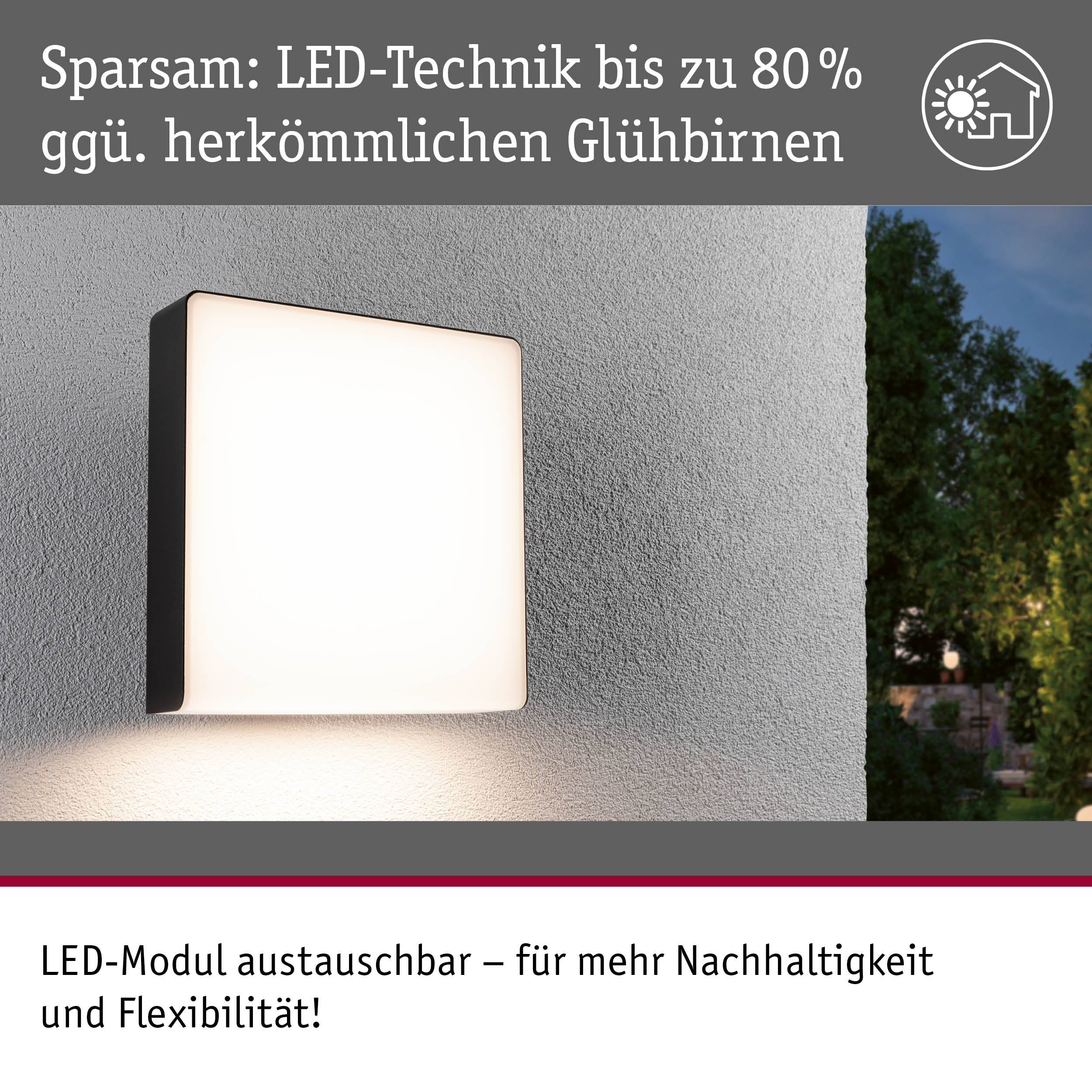 Nowoczesna kwadratowa lampa LED zewnętrzna na szarej ścianie z ogrodem w tle.