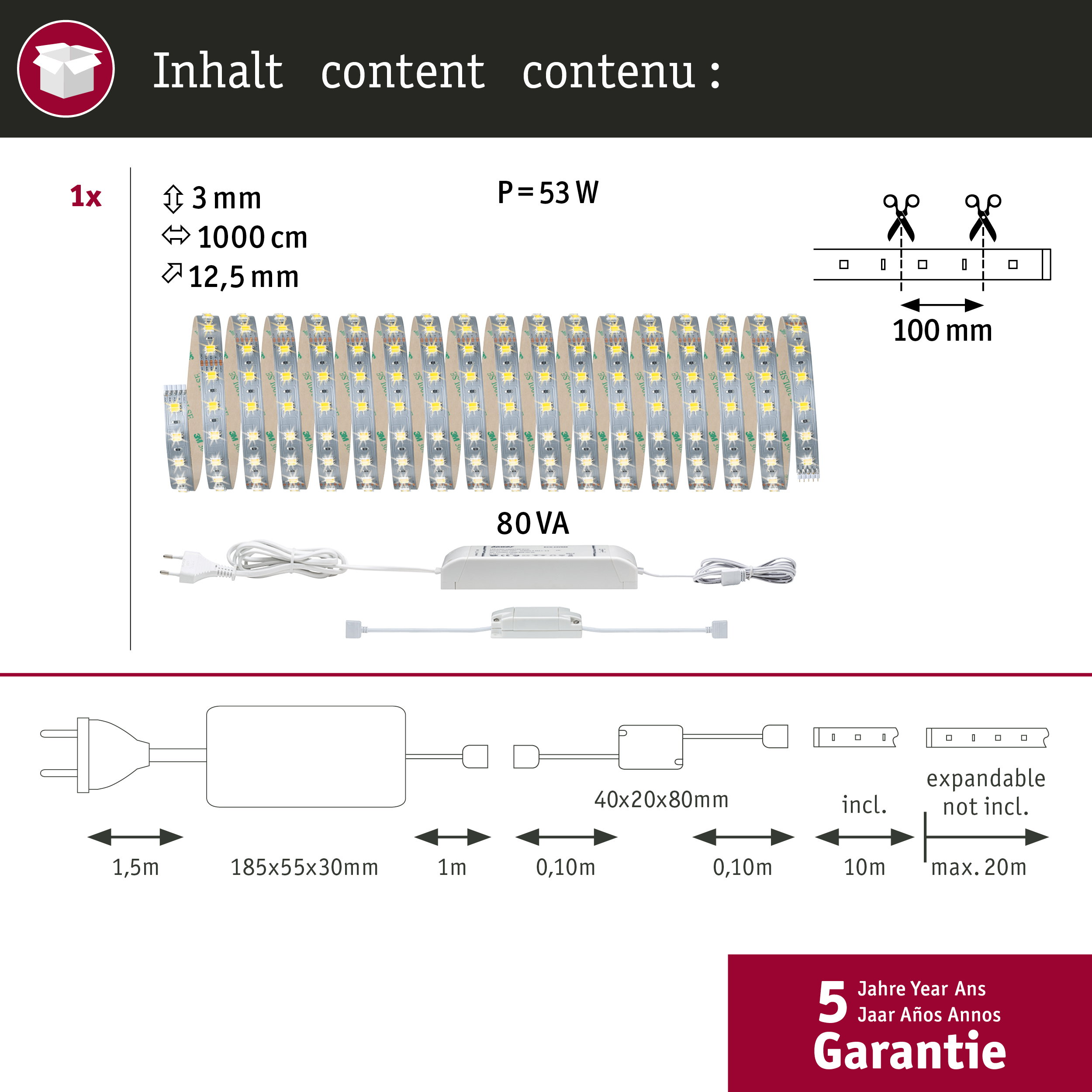 LED-Streifen Set mit Netzteil, 10m Länge, 53W Leistung und 5 Jahren Garantie.
