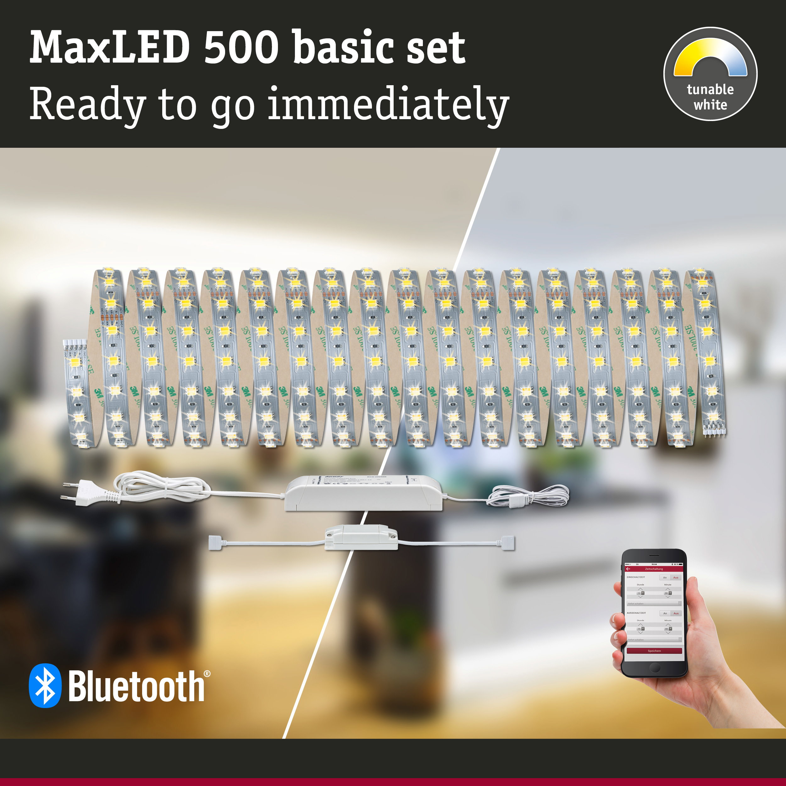 MaxLED 500 Basisset mit LED-Streifen, Steuereinheit, Netzstecker und Bluetooth-Smartphone-Steuerung.