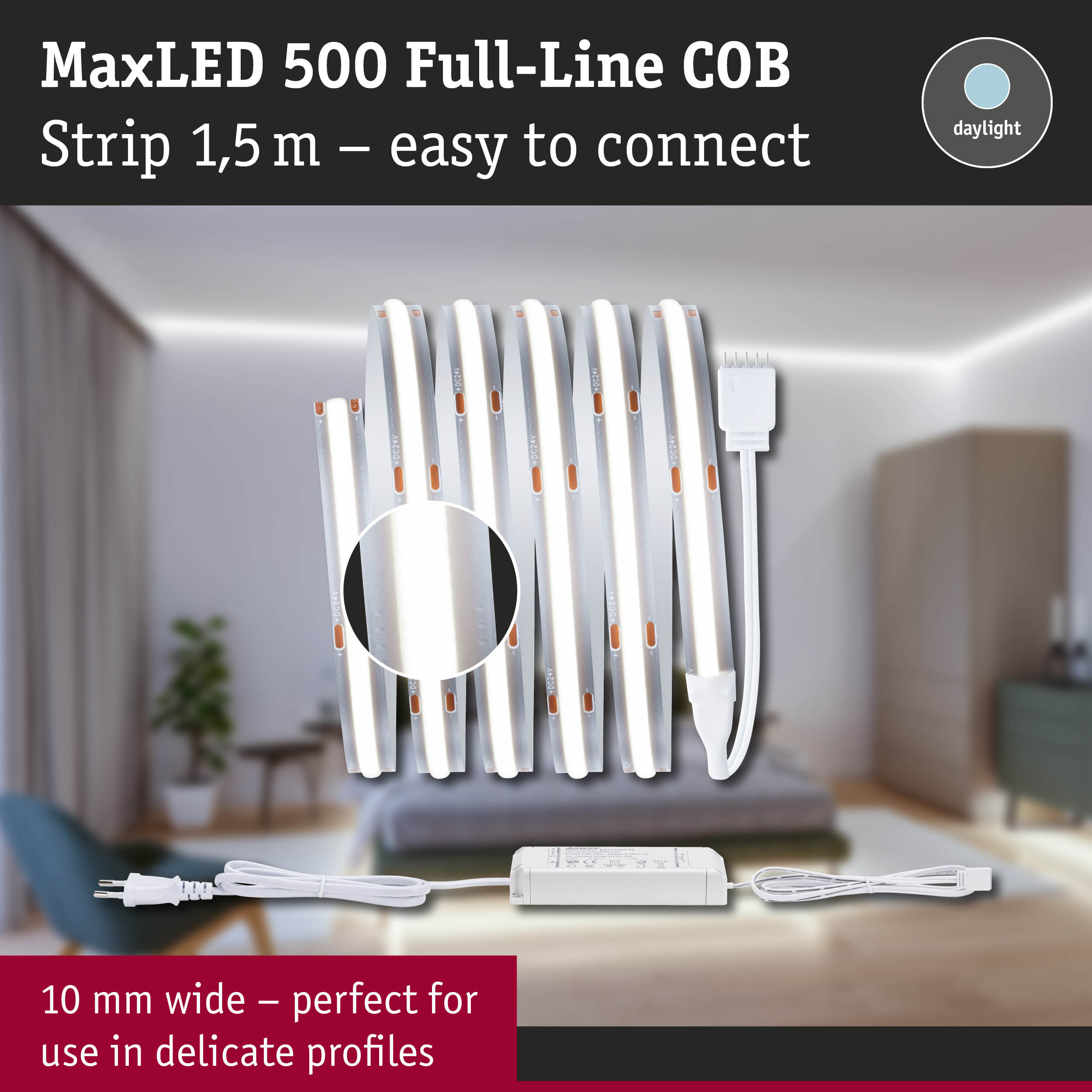 Taśma LED MaxLED 500 COB, 1,5m, światło dzienne, szerokość 10mm z zasilaczem.