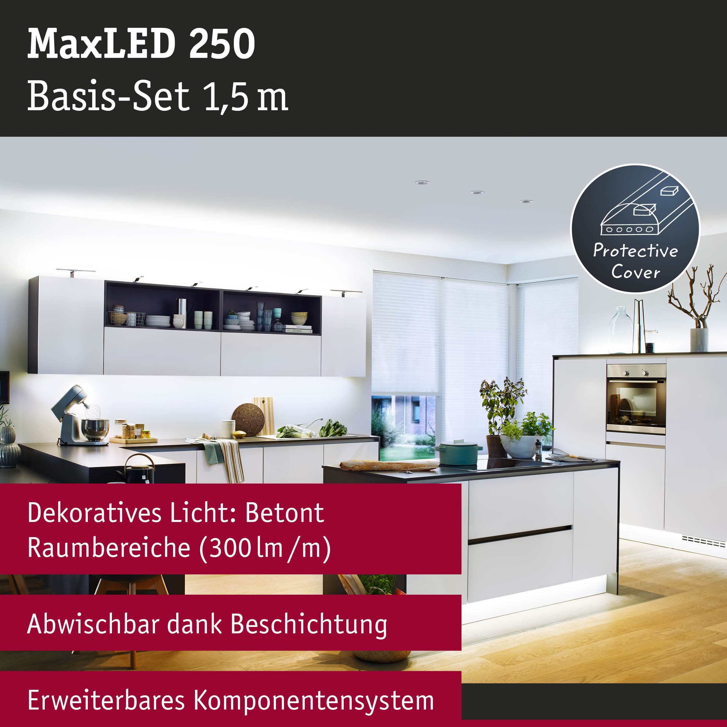 Moderne Küche mit integrierter LED-Beleuchtung unter Schränken und an der Kochinsel.