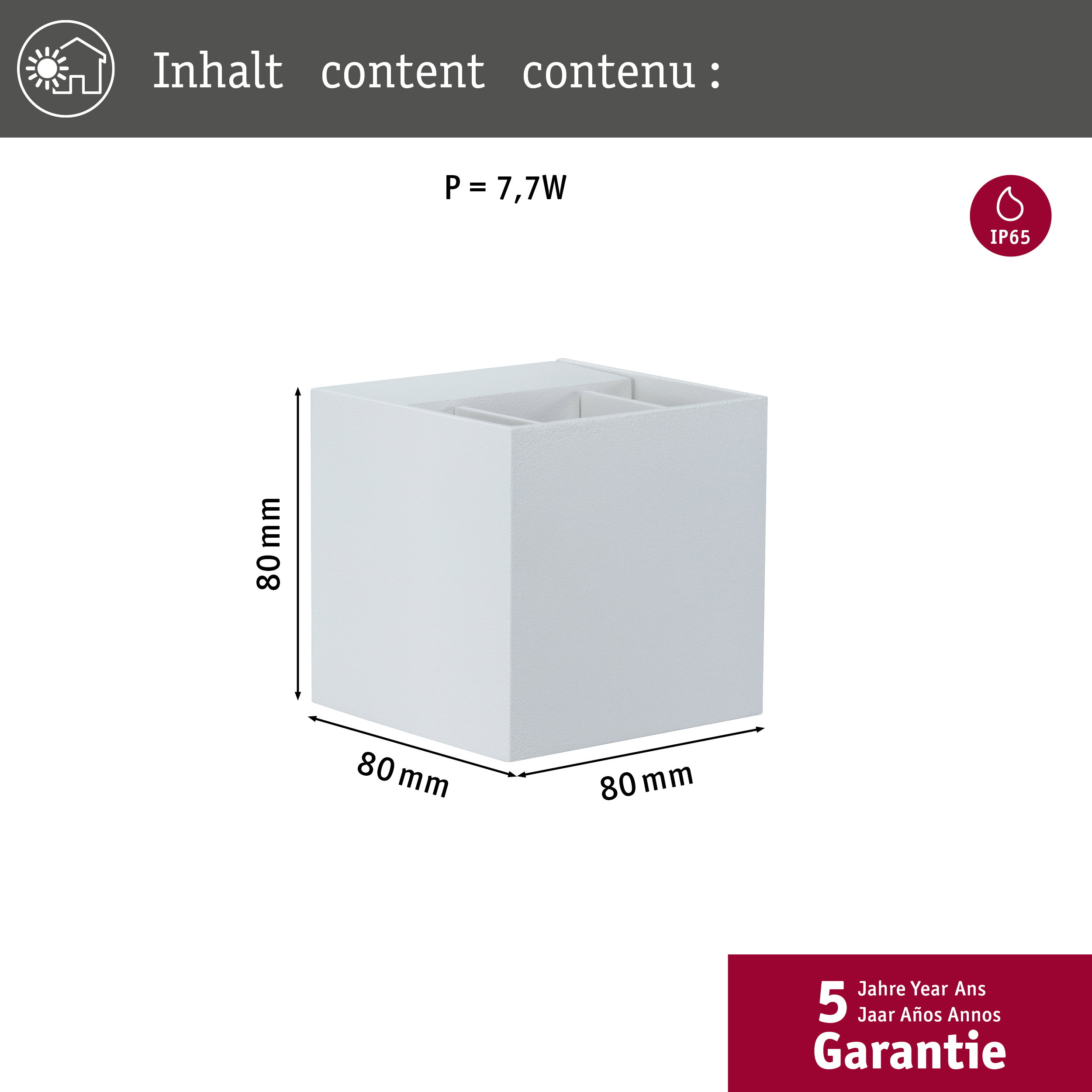 Rysunek techniczny kwadratowej białej oprawy oświetleniowej o wymiarach 80x80x80 mm, 7,7W i IP65.
