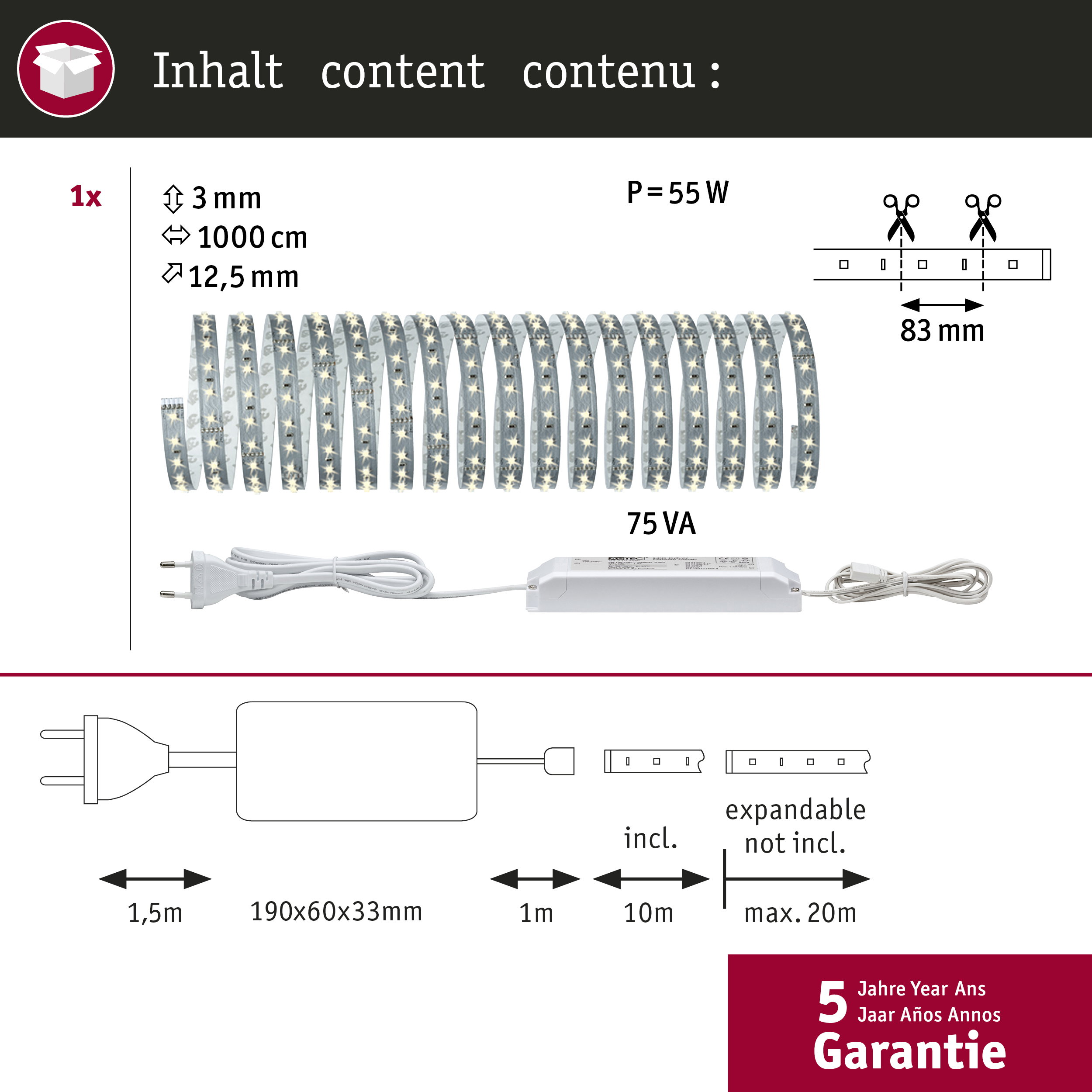 Taśma LED 10m z zasilaczem, 55W, tnąca co 83mm, rozszerzalna do 20m, 5 lat gwarancji.