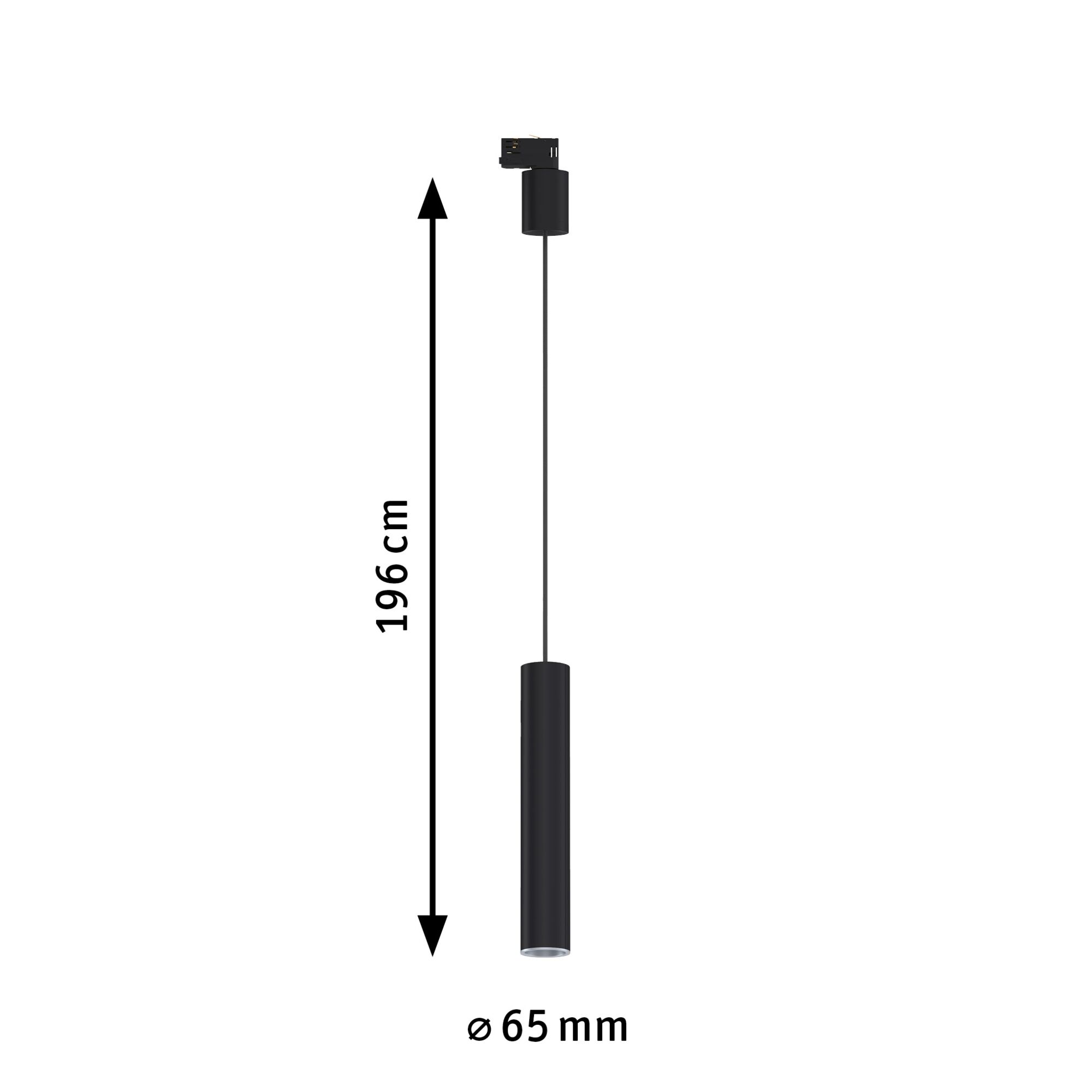 Technische Zeichnung einer schwarzen zylindrischen Hängeleuchte mit 196 cm Höhe und 65 mm Durchmesser auf weißem Grund.