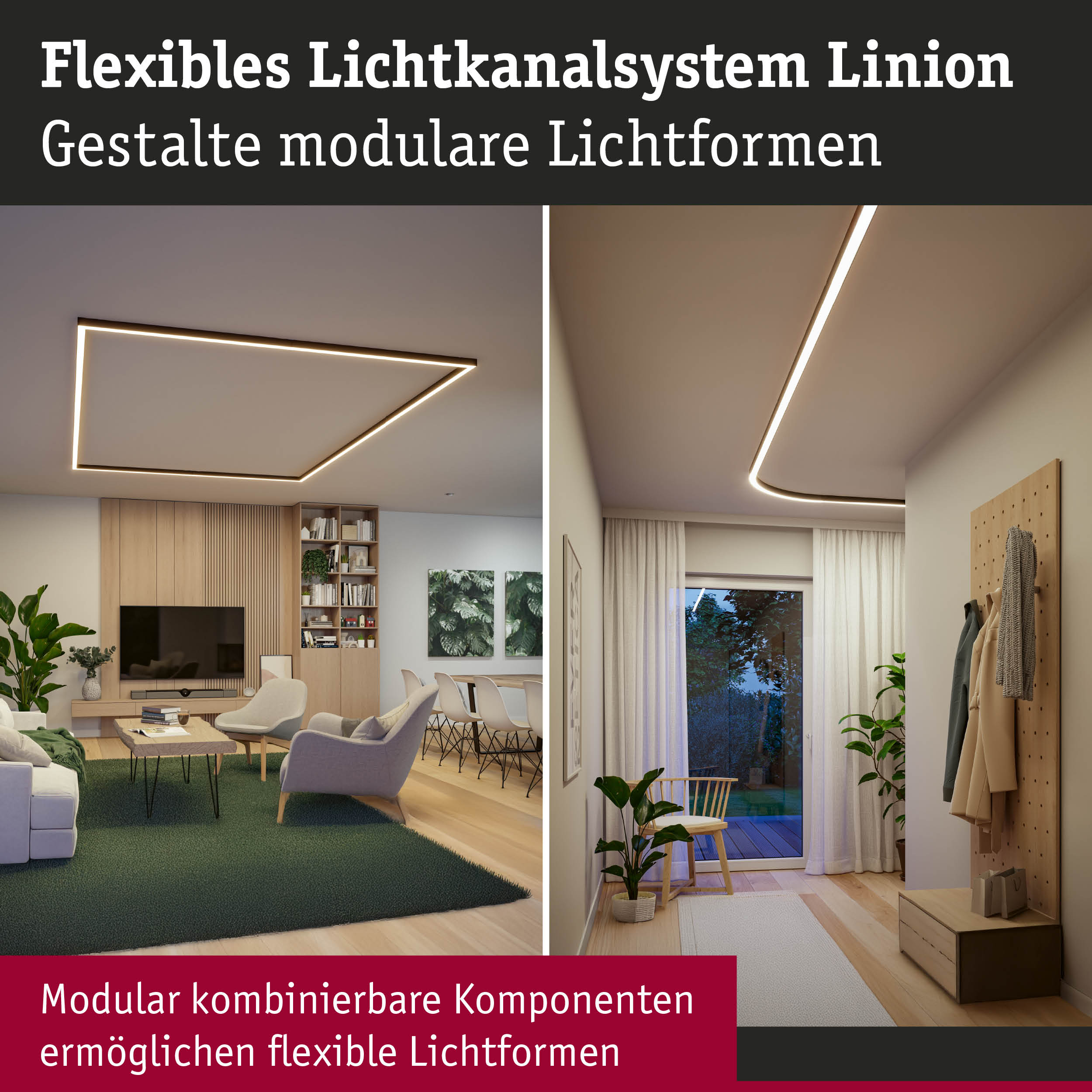 Zwei Bilder von modernen Innenräumen zeigen eine flexible, modulare LED-Lichtkanalbeleuchtung an den Decken.