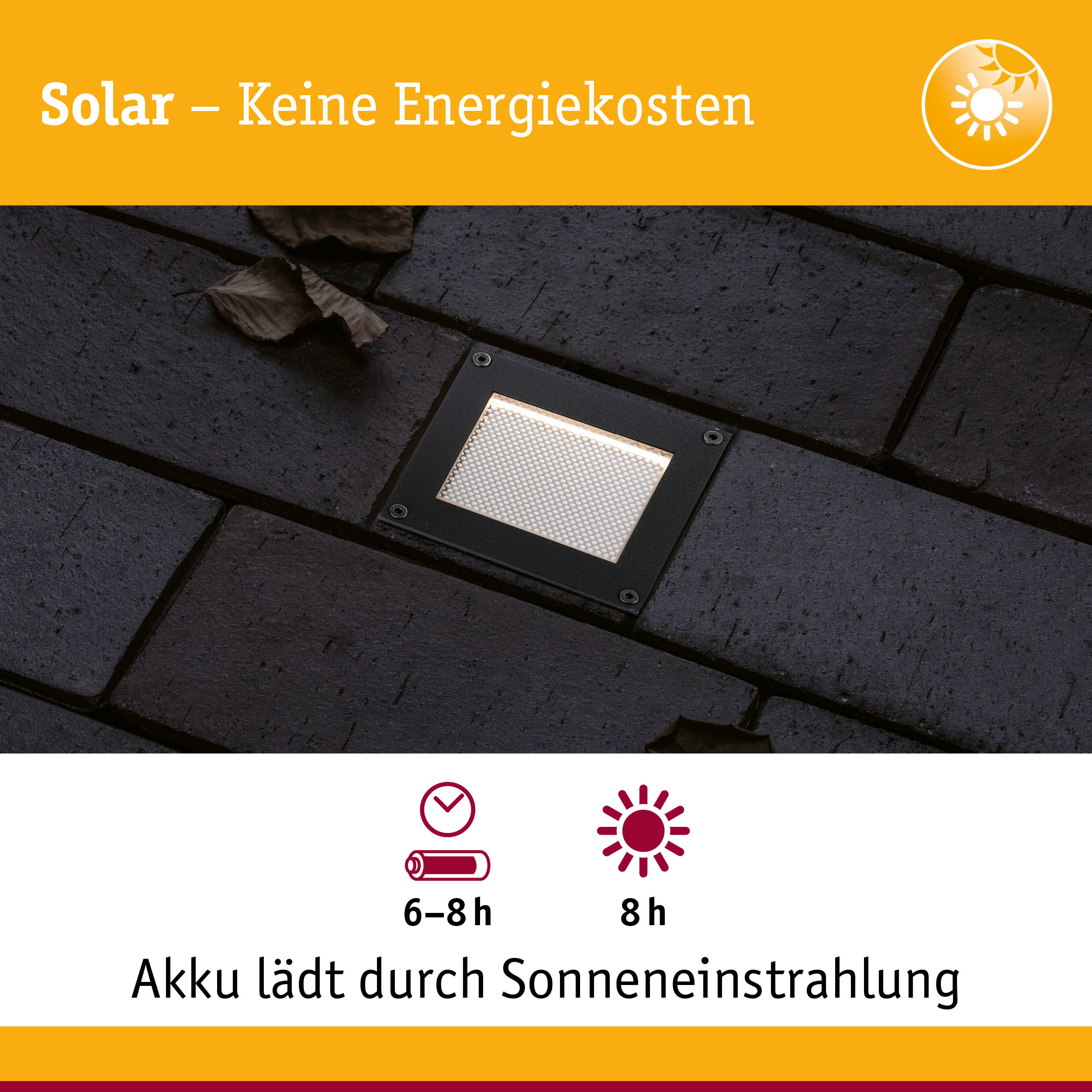 Solar-Bodenleuchte eingebaut in dunkelgraues Pflaster mit trockenem Laub, mit Text über Solarenergie.