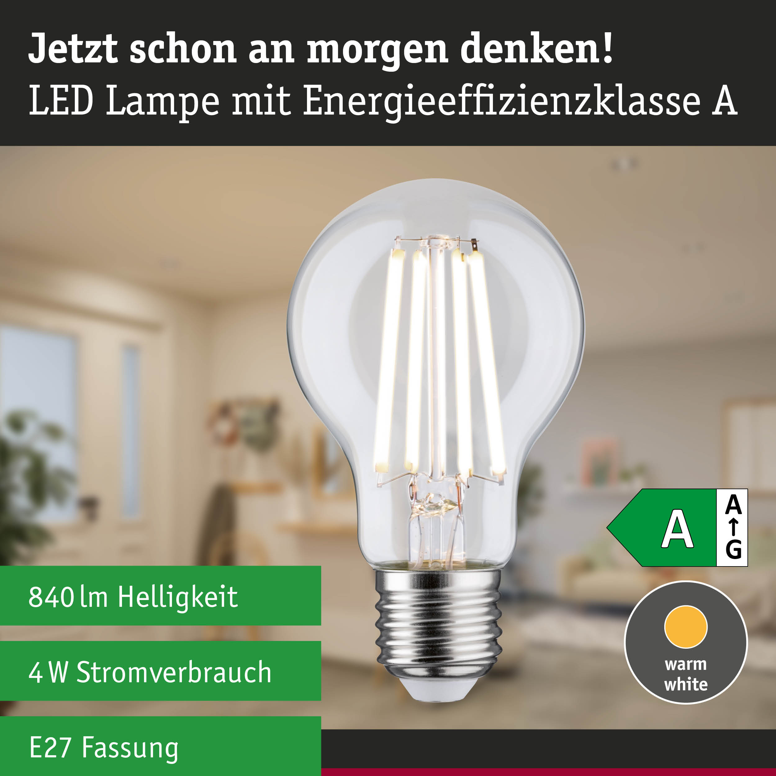LED-Lampe mit Energieeffizienzklasse A, warmweißem Licht, 840 lm und E27-Fassung.