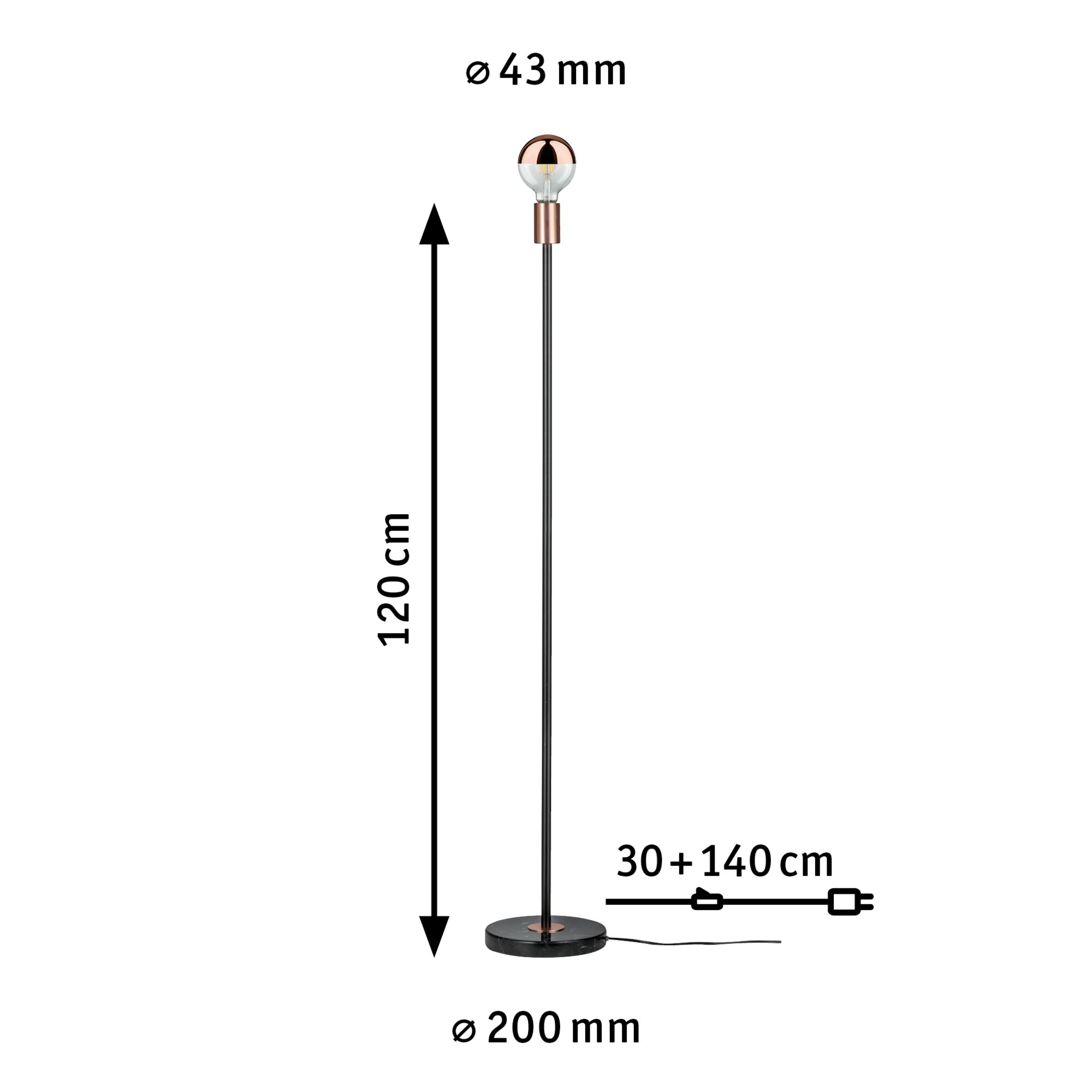Schwarze Stehlampe mit Kupferakzenten und Maßen von 120 cm Höhe und einem Sockel von 200 mm.